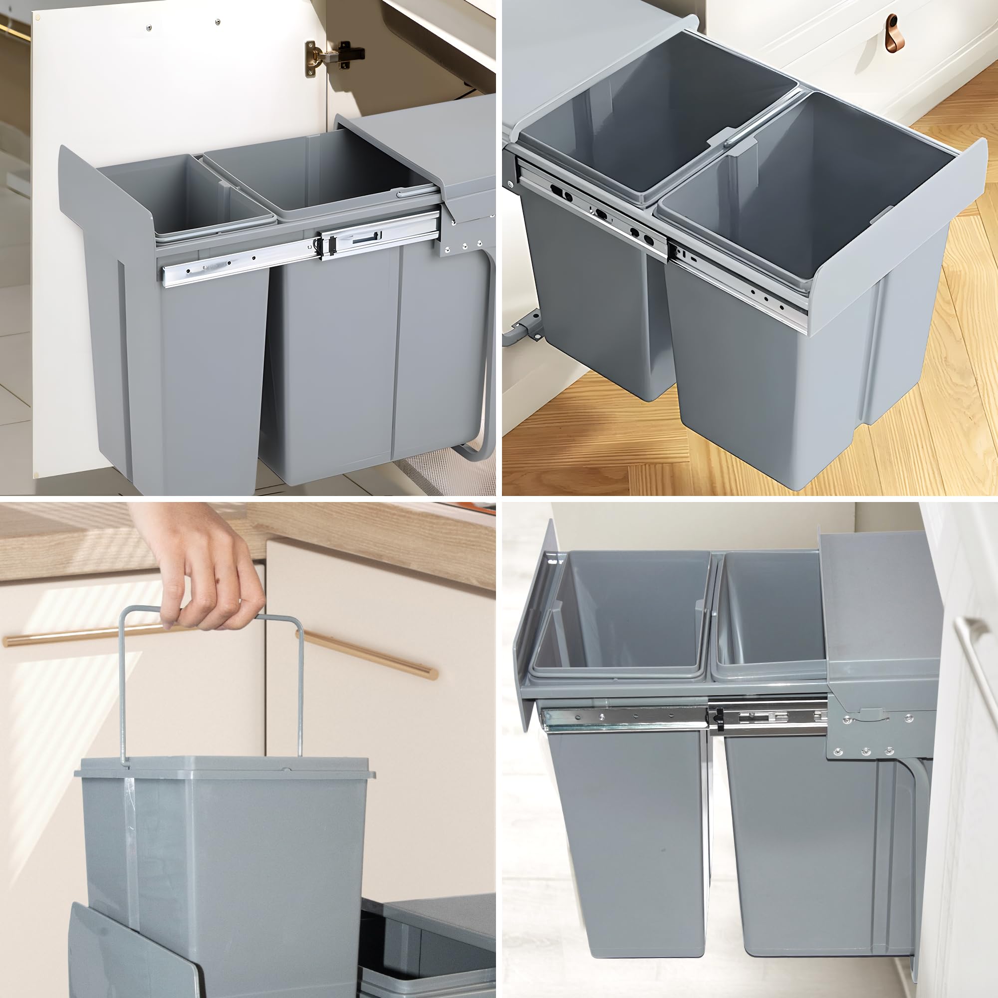 Under Cabinet Pull Out Trash Can - 20+10 Quart Double Sliding Kitchen Waste Bin with Recycling System for Garbage Classification - Perfect for Under Sink Storage & Organized Kitchen Waste Management