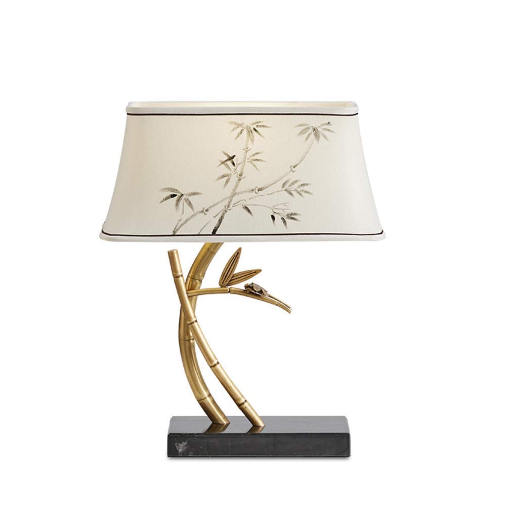 Modern Chinese Minimalist Bamboo Shadow Brass Fabric Table Lamp - Bedside, Living Room, Study Desk Lamp for Bedroom, Office & Home Decor