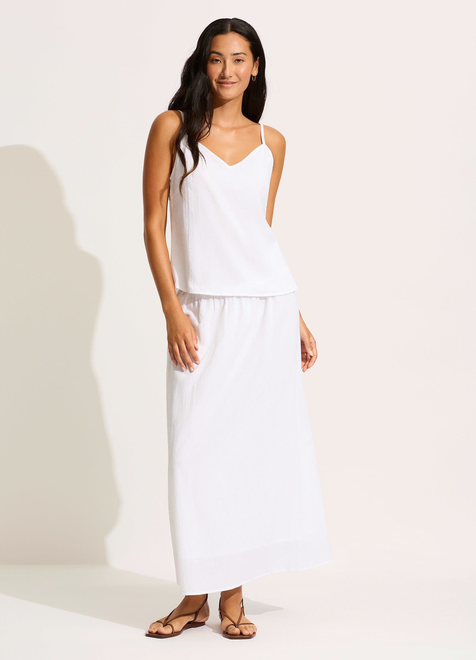 Elegant White Crinkle Maxi Skirt for Women - Boho Summer Beach Dress, Perfect for Vacation, Party & Casual Wear