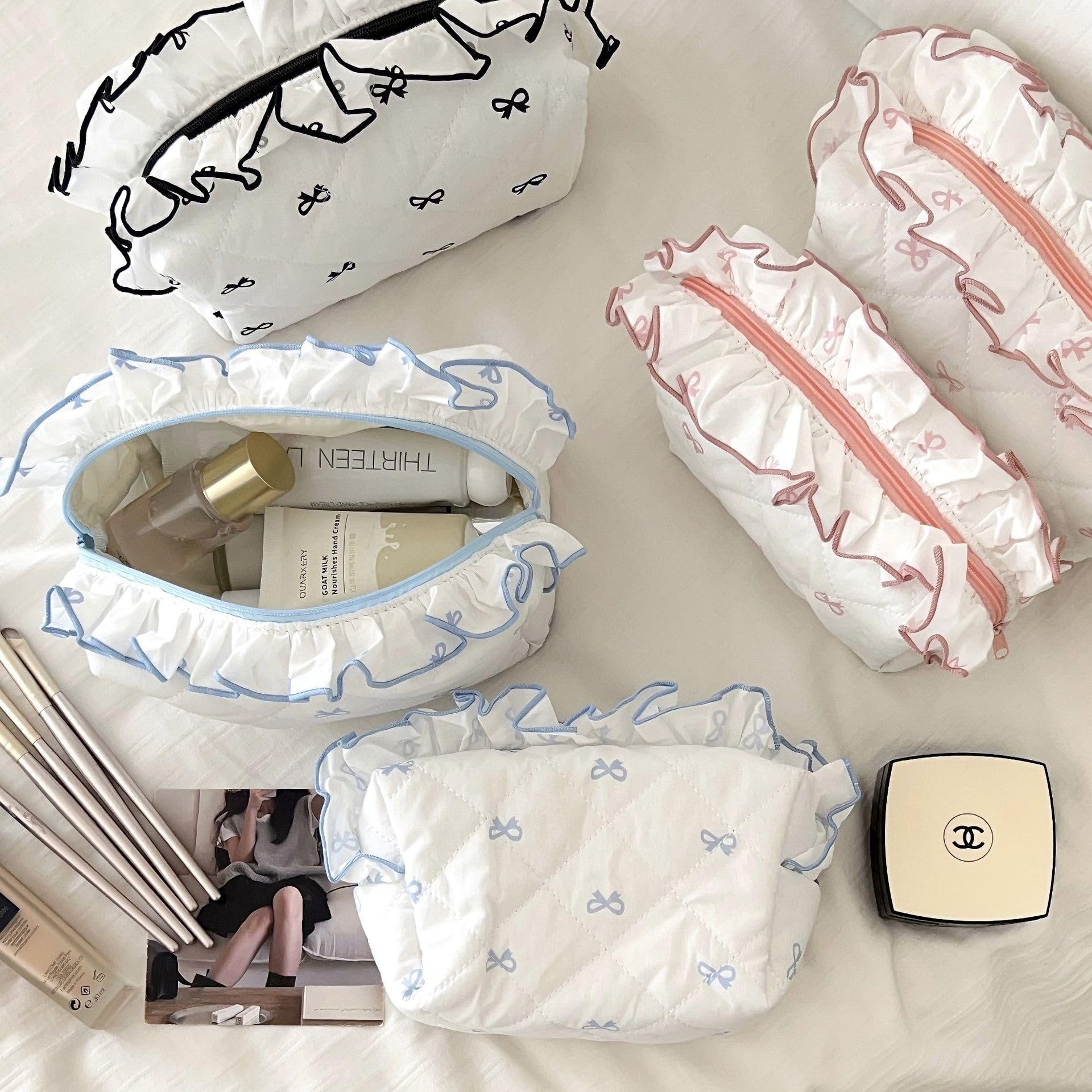 Quilted Makeup Bag with Bow - Cute Aesthetic Cosmetic Pouch for Women & Girls | Travel Toiletry Organizer for Vacation, Gym, Daily Essentials