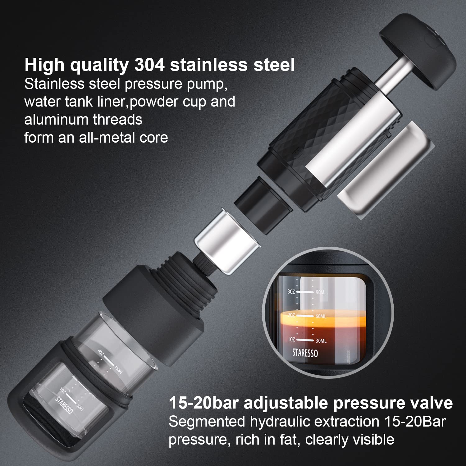 STARESSO Classic Portable Espresso Maker - Handheld Coffee Machine with 37mm Dosing Funnel & Tamper Kit - Perfect for Camping, Travel & Home Use