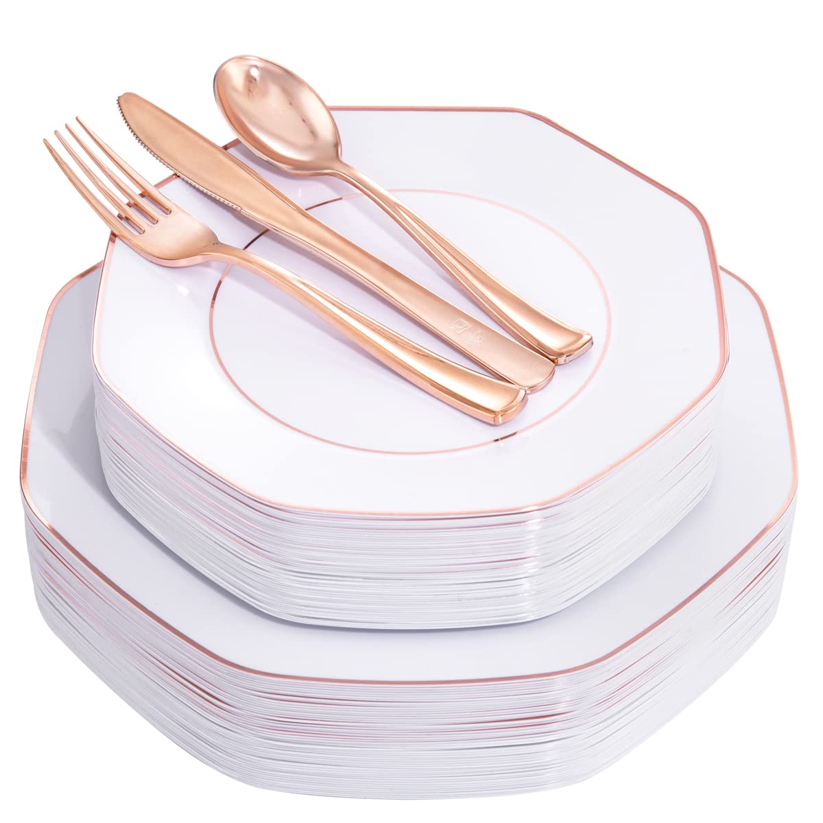125-Piece Rose Gold Plastic Dinnerware Set - Disposable Rose Gold Rim Plates (25 Dinner Plates, 25 Dessert Plates, 25 Forks, 25 Knives, 25 Spoons) for Weddings, Parties, Bridal Showers & Elegant Events
