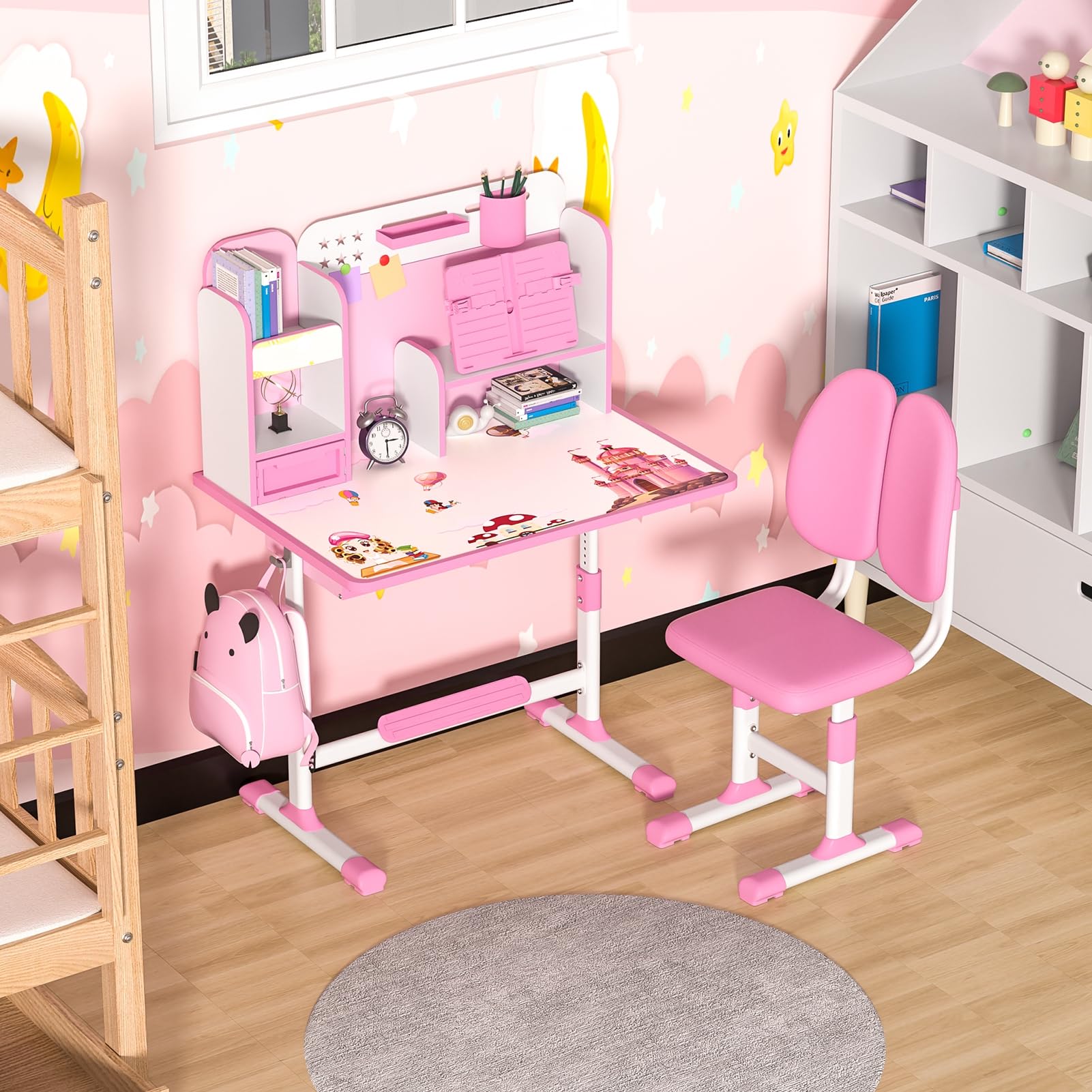 Adjustable Kids Study Desk and Chair Set with Storage Drawer & Bookstand - Ergonomic Children's Learning Desk in Pink - Perfect for Homework, Reading & Online Classes