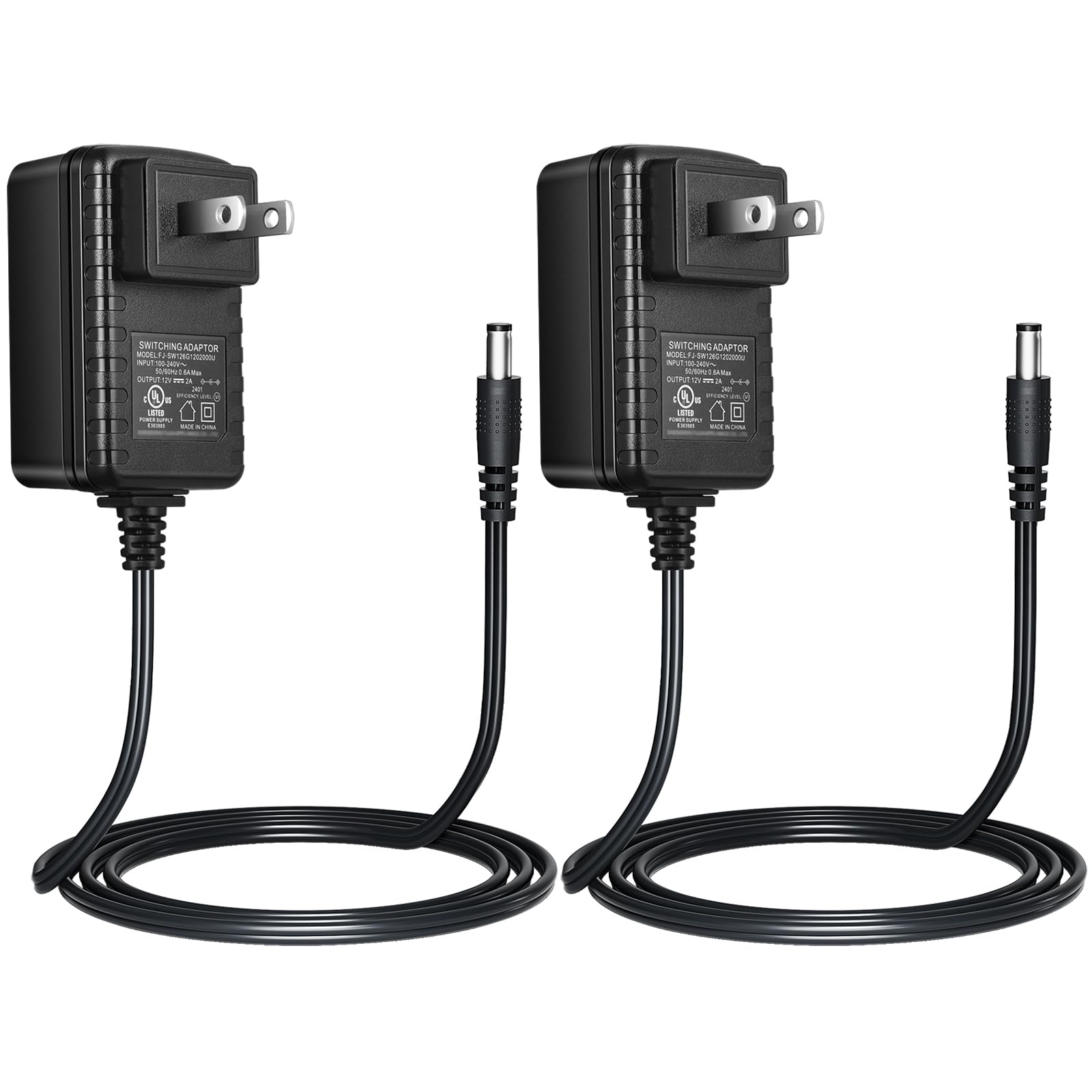 2-Pack AC 100-240V to DC 12V 2A Power Supply Adapter - 12 Volt 2 Amp Power Converter with 5.5mm x 2.1mm Plug - Compatible with CCTV Cameras, DVR/NVR Systems, LED Strip Lights, Routers, Monitors & Keyboards - UL Listed - Perfect for Home Security & Office Electronics
