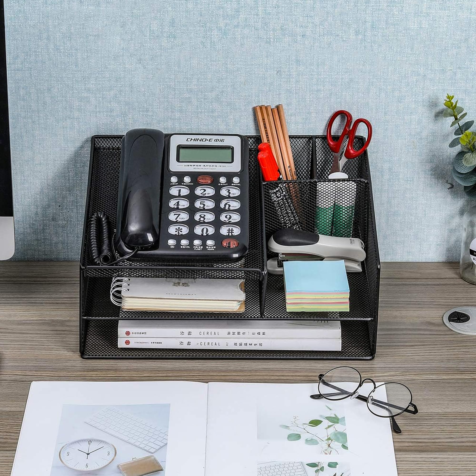 Black Desk Organizer with Phone Stand & Letter Tray - Office Supplies Holder for Pens, Pencils & Mobile Devices | Perfect for Office, School & Home Workspace Organization