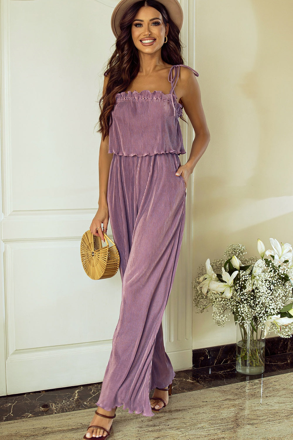 Stylish Purple Spaghetti Strap Jumpsuit for Women - Trendy One Piece Romper for Summer, Beach, and Casual Outings