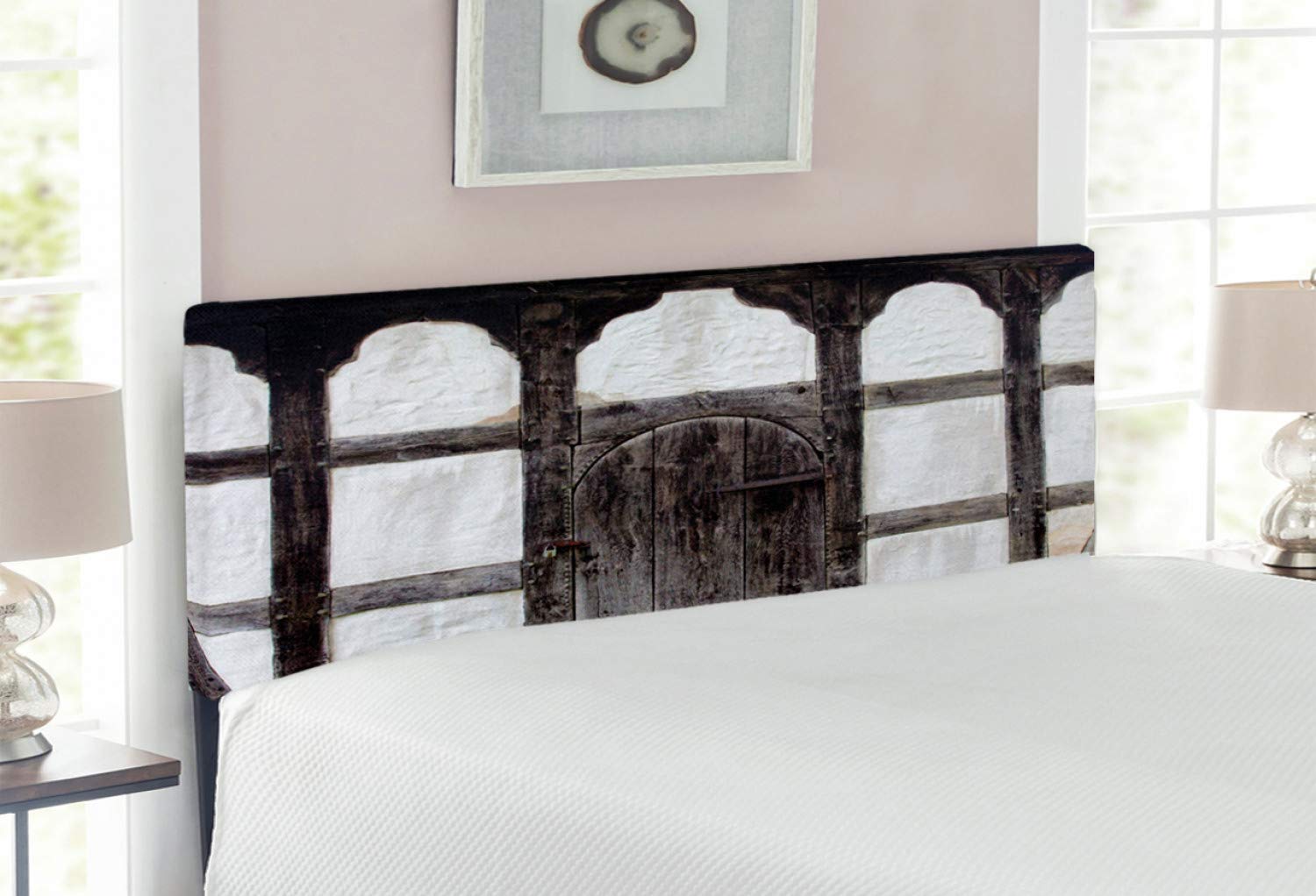 Ambesonne Farmhouse Shutters Headboard - Full Size Upholstered Metal Bed Headboard with Memory Foam | Vintage Door Design & Timber Framing | Charcoal White | Perfect for Rustic & Farmhouse Bedroom Decor