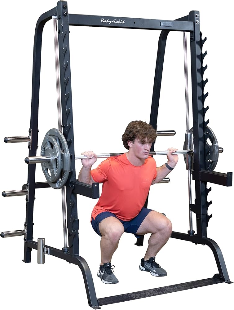 Body Solid GS348B Smith Machine with Infinite J Hook Squat Rack - Home Gym Strength Training Equipment for Weight Lifting & Fitness Workouts