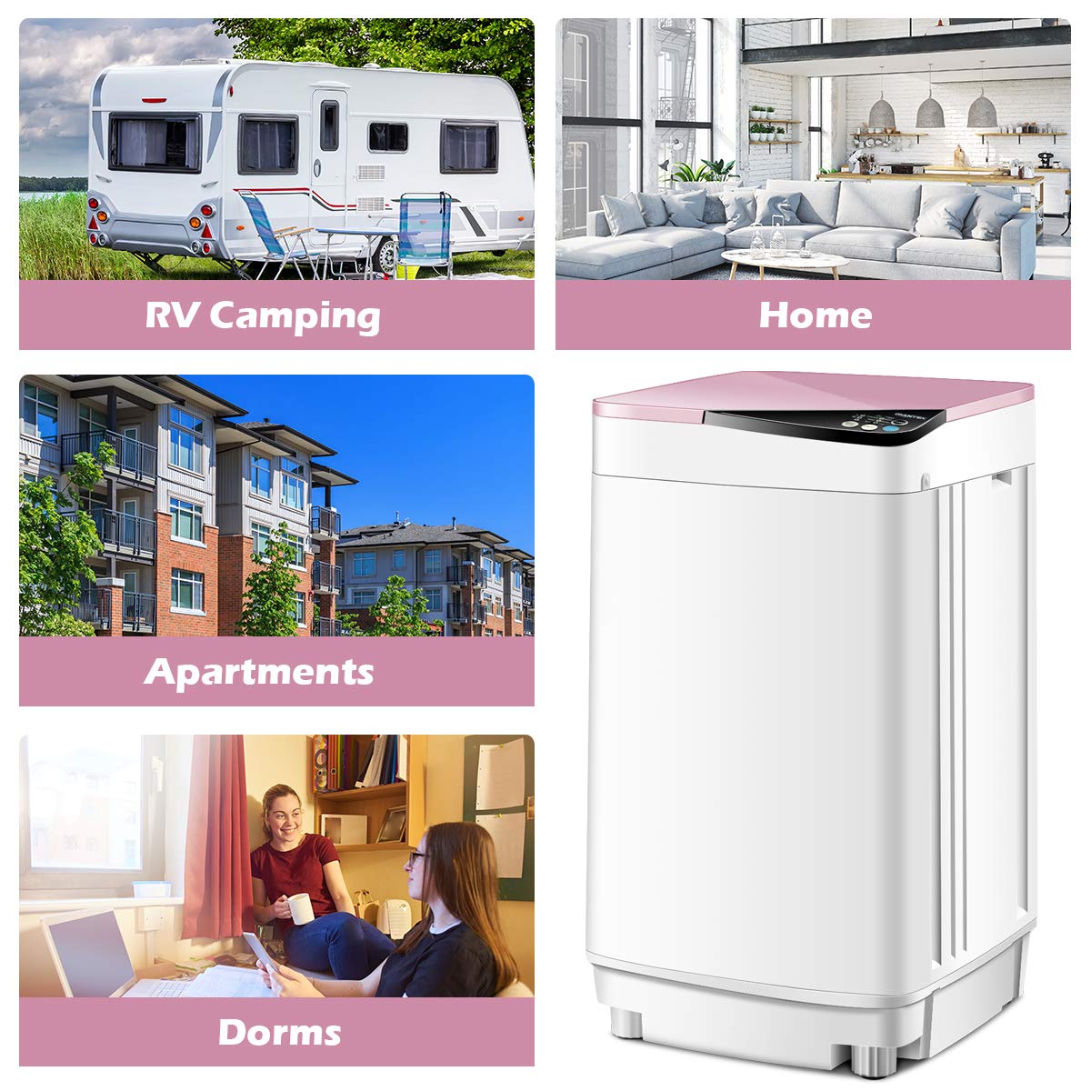 SAFEPLUS Full-Automatic Portable Washing Machine 7.7 lbs Capacity with Spin Dryer & Built-in Light - Compact Laundry Solution for Dorms, Apartments, RVs, Camping & Travel - Pink
