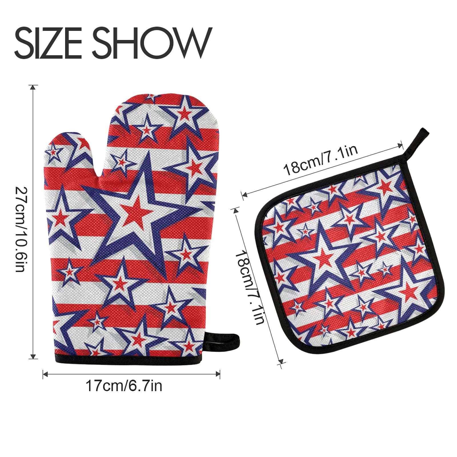 QUGRL Stars and Stripes Oven Mitts & Pot Holders Set - Heat Resistant Kitchen Gloves for Baking, Cooking, BBQ - Patriotic 4th of July Kitchen Accessories - Perfect for Holiday Cooking, Grilling & Home Decor