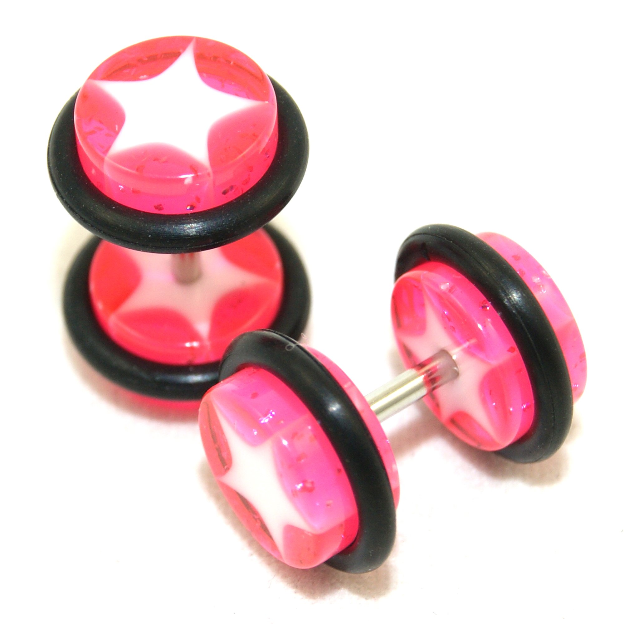 Fake Cheaters Illusion Faux Ear Plugs 16G - Looks Like 0G Pink & White Star Ear Gauges | Perfect for Costumes, Cosplay, and Alternative Fashion