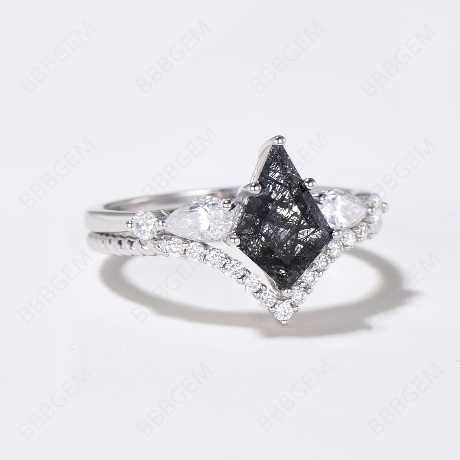 7x10mm Silver Kite Black Rutilated Quartz Moissanite Bridal Ring Set – Elegant Wedding Jewelry for Engagement & Anniversary Gifts