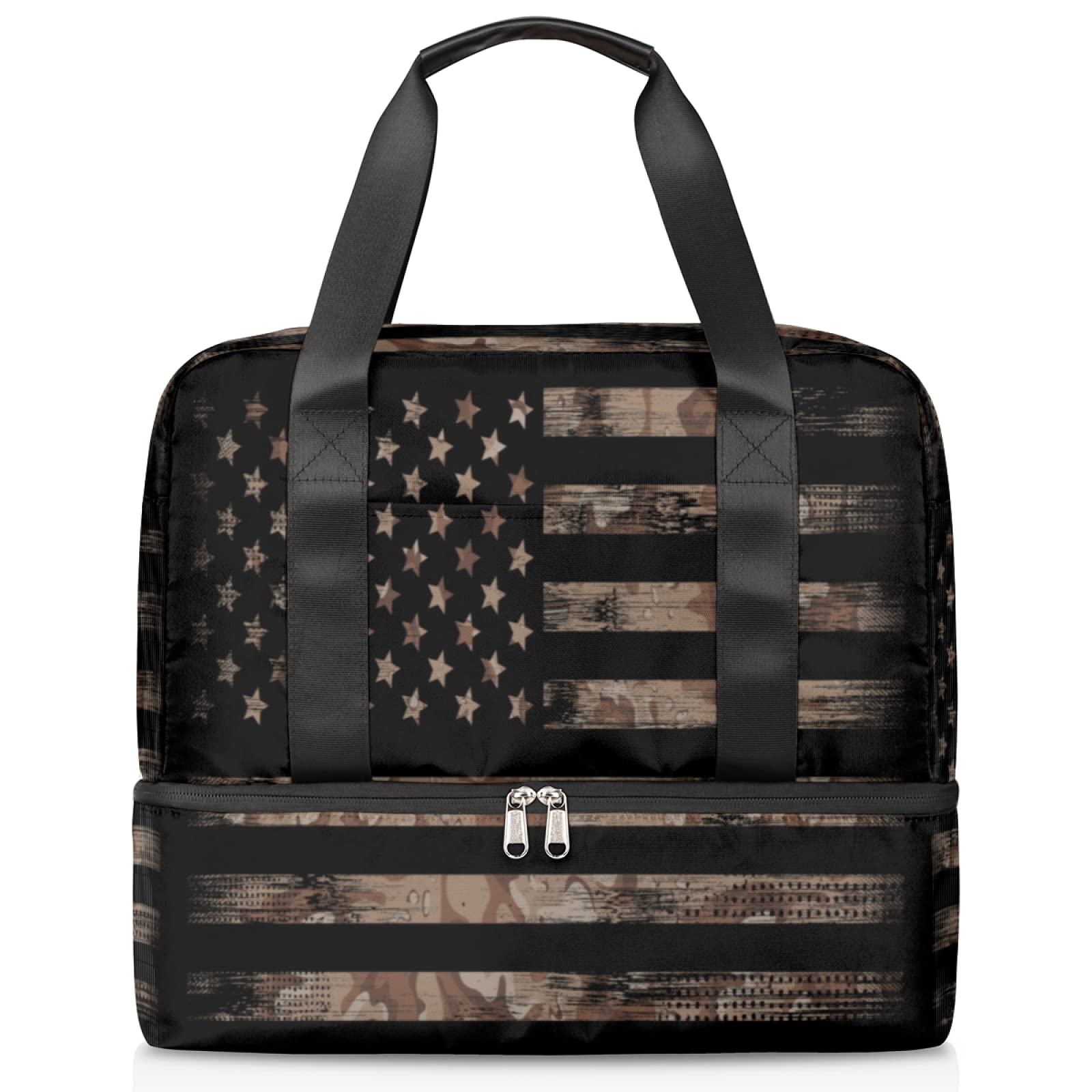 American Flag Camo Duffle Bag - Waterproof Travel Weekender, Gym & Sports Tote with Shoe Compartment | Retro USA Design for Men & Women | Perfect for Travel, Gym, Beach & Overnight Trips