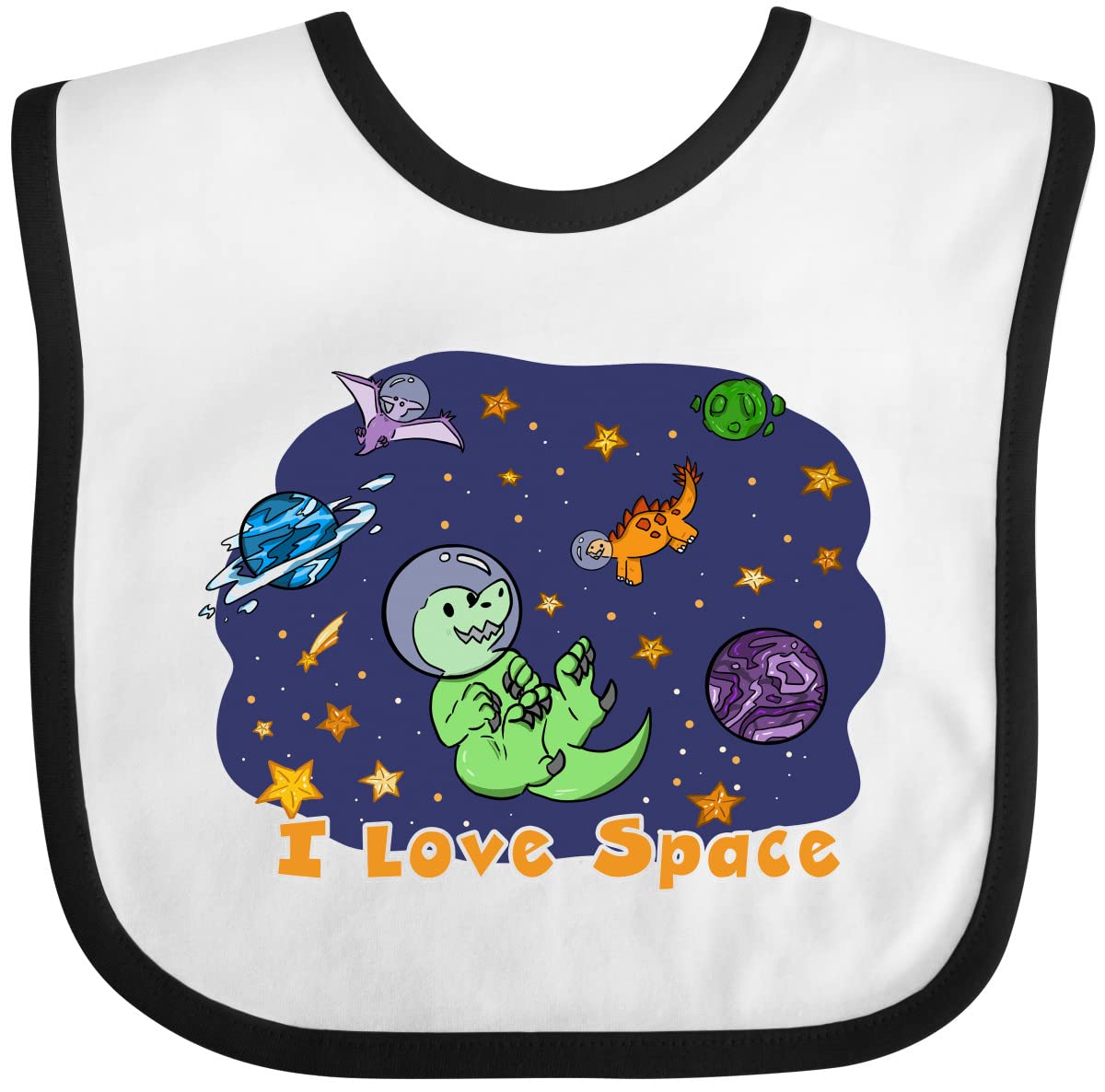 Inktastic I Love Space Cute Dinosaur and Planets Baby Bib - Soft Cotton Drool Bib for Infants, Toddler Feeding, Messy Mealtime, and Space-Themed Nursery Decor
