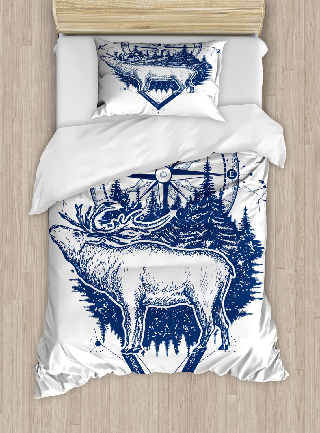Ambesonne Adventure Duvet Cover Set - King Size 2 Pack with 2 Duvet Covers & 4 Pillowcases, Reindeer and Compass Travel Wilderness Forest Outdoor Theme in Dark Blue & White | Perfect for Cabin, Camping, or Nature-Themed Bedroom Decor