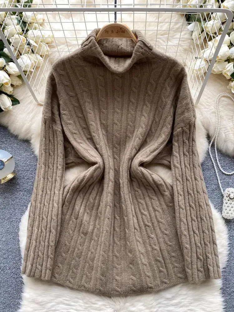 Women's Elegant High Neck Knit Sweater - Warm Winter Pullover with Long Sleeves, Loose Fit Crochet Top for Casual & Office Wear | Cozy Autumn Winter Fashion