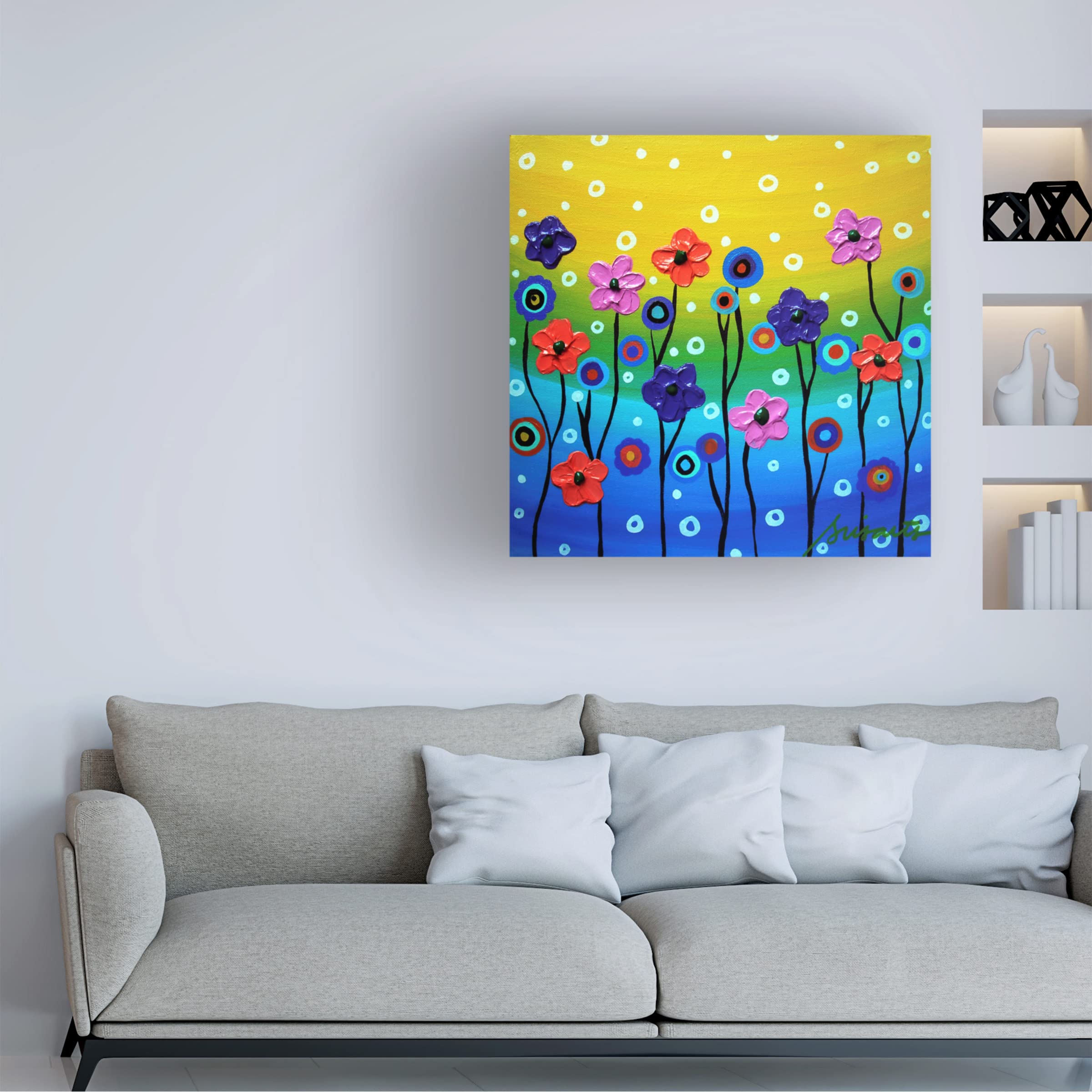 Prisarts Floral Fest 18x18 Canvas Wall Art - Hand-Painted Floral Painting for Living Room, Bedroom & Office Decor