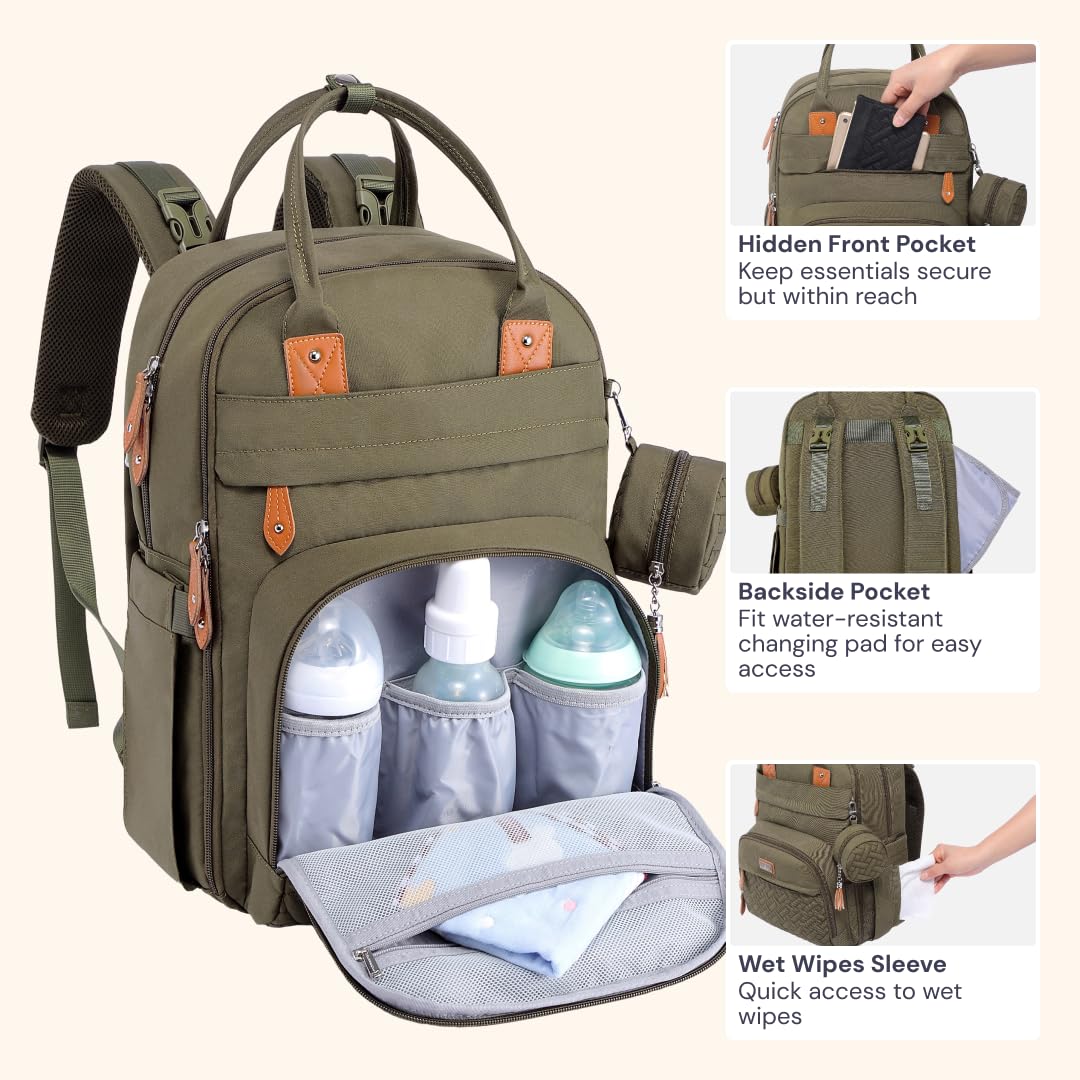 BabbleRoo Waterproof Diaper Backpack - Multifunctional Baby Travel Bag with Changing Pad, Stroller Straps & Pacifier Case - Unisex Army Green Diaper Bag for Parents | Perfect for Daycare, Travel & On-the-Go Parenting