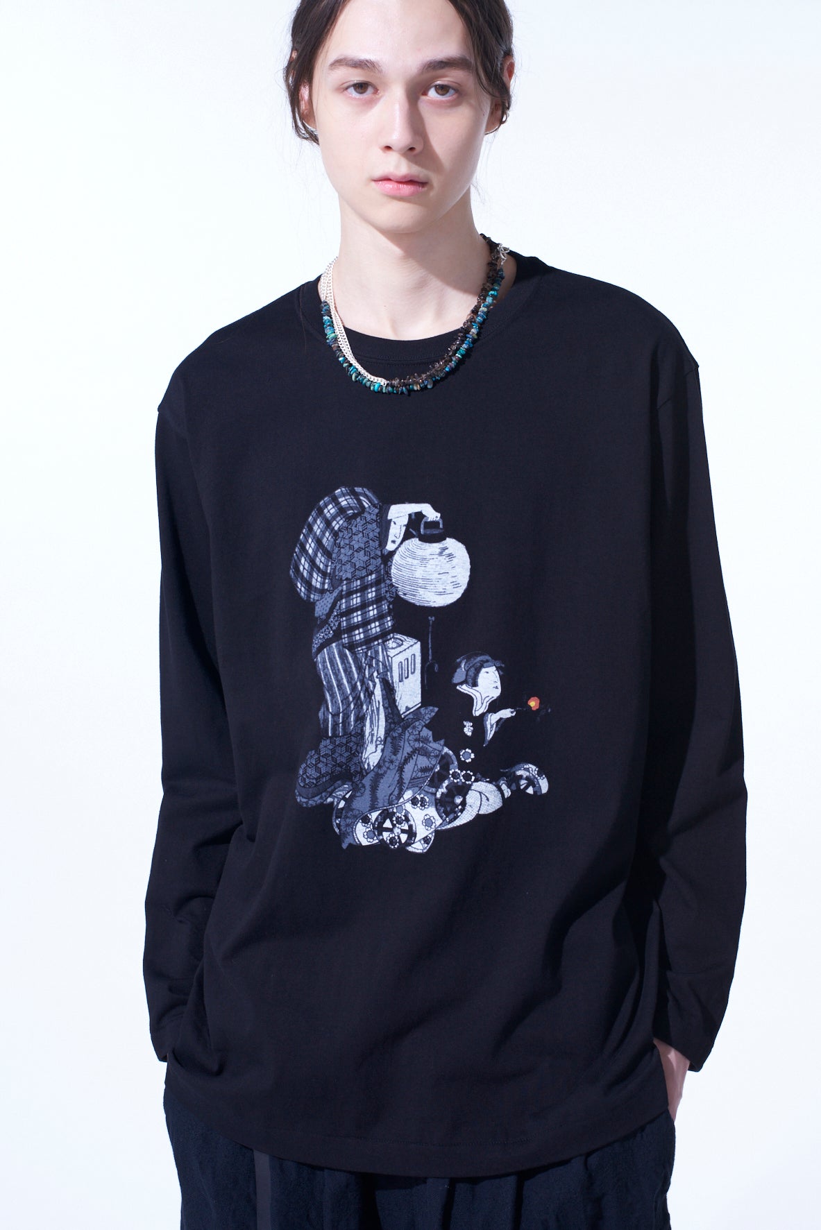 Vintage Ukiyo-e Floral & Lantern Print Long Sleeve T-Shirt - Japanese Art Inspired Graphic Tee for Casual Wear & Street Fashion