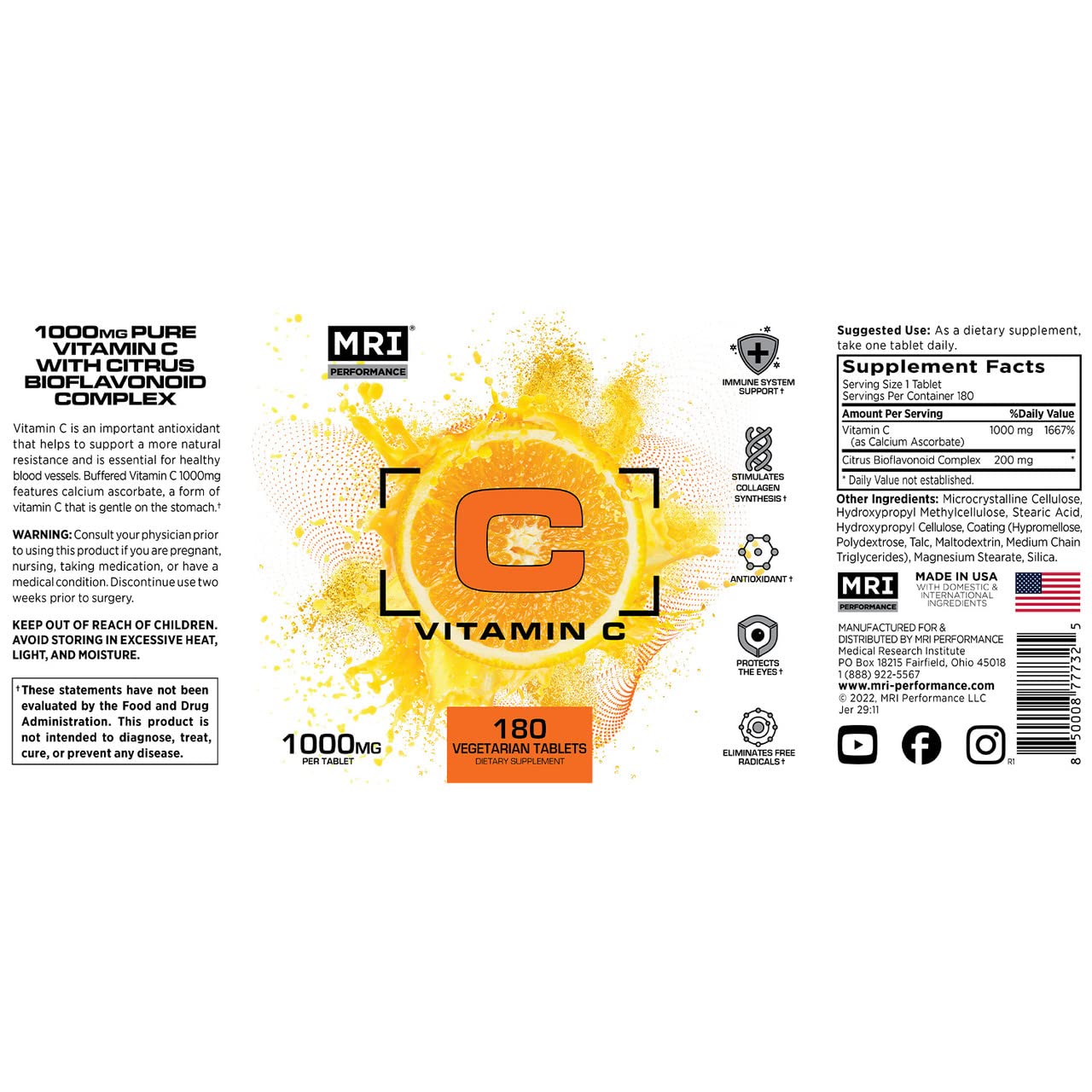MRI Performance Vitamin C 1000mg Vegetarian Tablets - 180 Count | Antioxidant, Immune Support, Collagen Boost, Eye Health with Citrus Bioflavonoids | Daily Wellness Supplement for Adults & Seniors