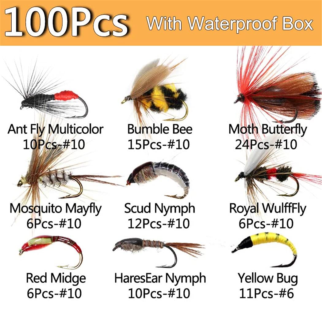 Premium Fly Fishing Flies Kit - 33/48/72/100/114/148pcs Dry/Wet Flies, Nymphs, Streamers & Poppers for Trout Bass - Durable Fly Box Included - Perfect for Freshwater & Saltwater Fishing Adventures