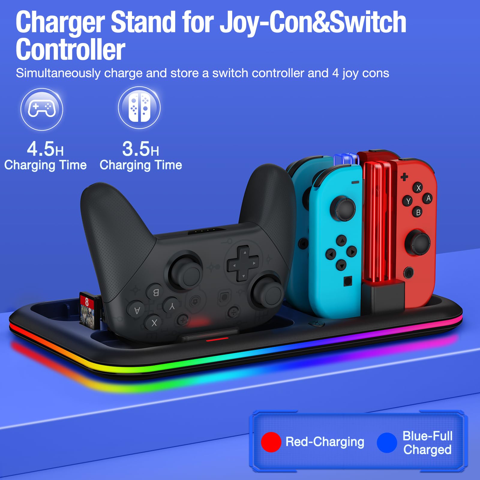 RGB Charging Dock for Nintendo Switch/Switch Lite/OLED - Fast Charging Stand with 8 Game Card Slots & Pro Controller/Joy-Con Holder | Perfect for Gaming Setup, Travel & Multiplayer Sessions