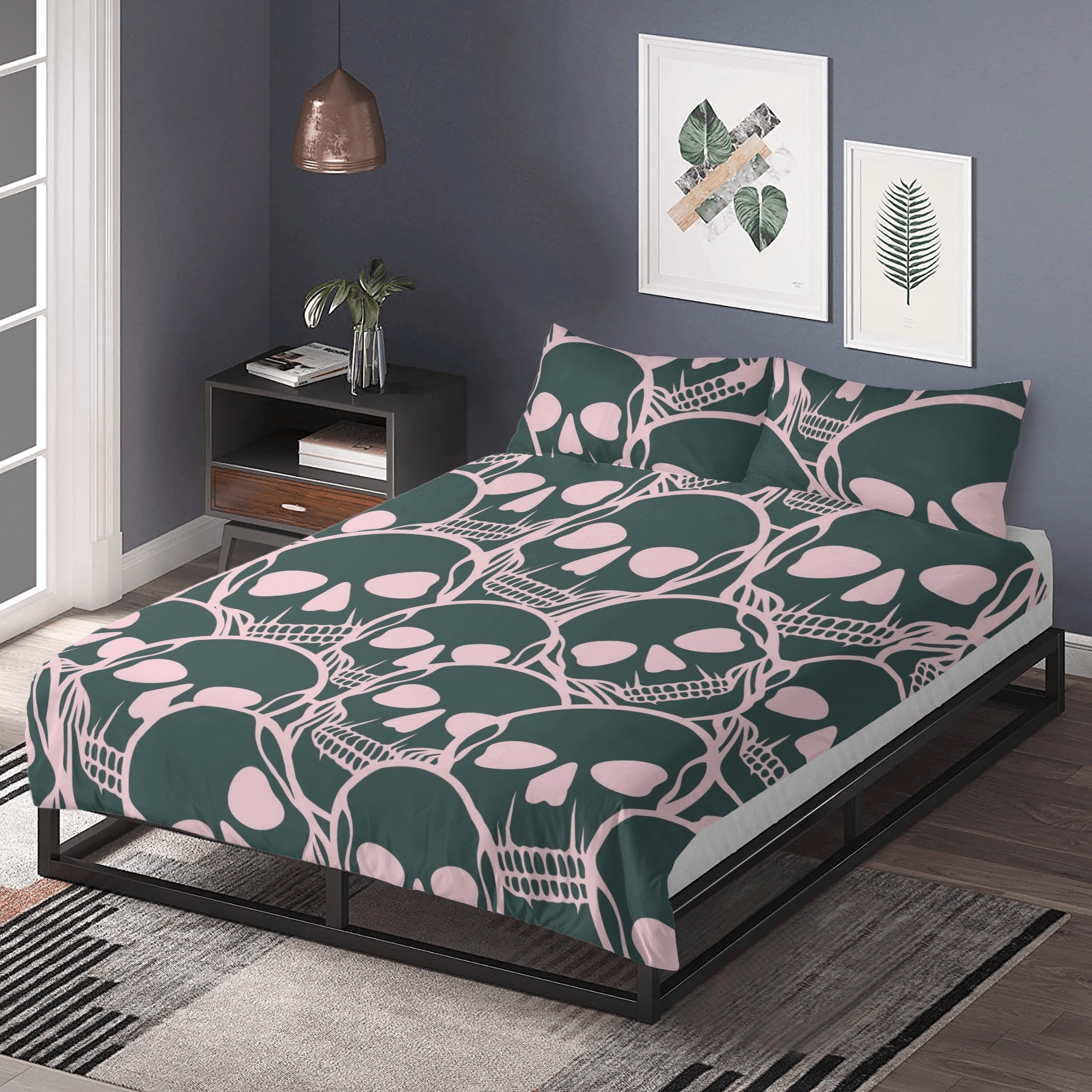 Stylish Pink and Black Skull Head 3-Piece Bedding Set - Soft Comforter, Pillowcases & Sheet for Gothic, Punk or Teen Room Decor