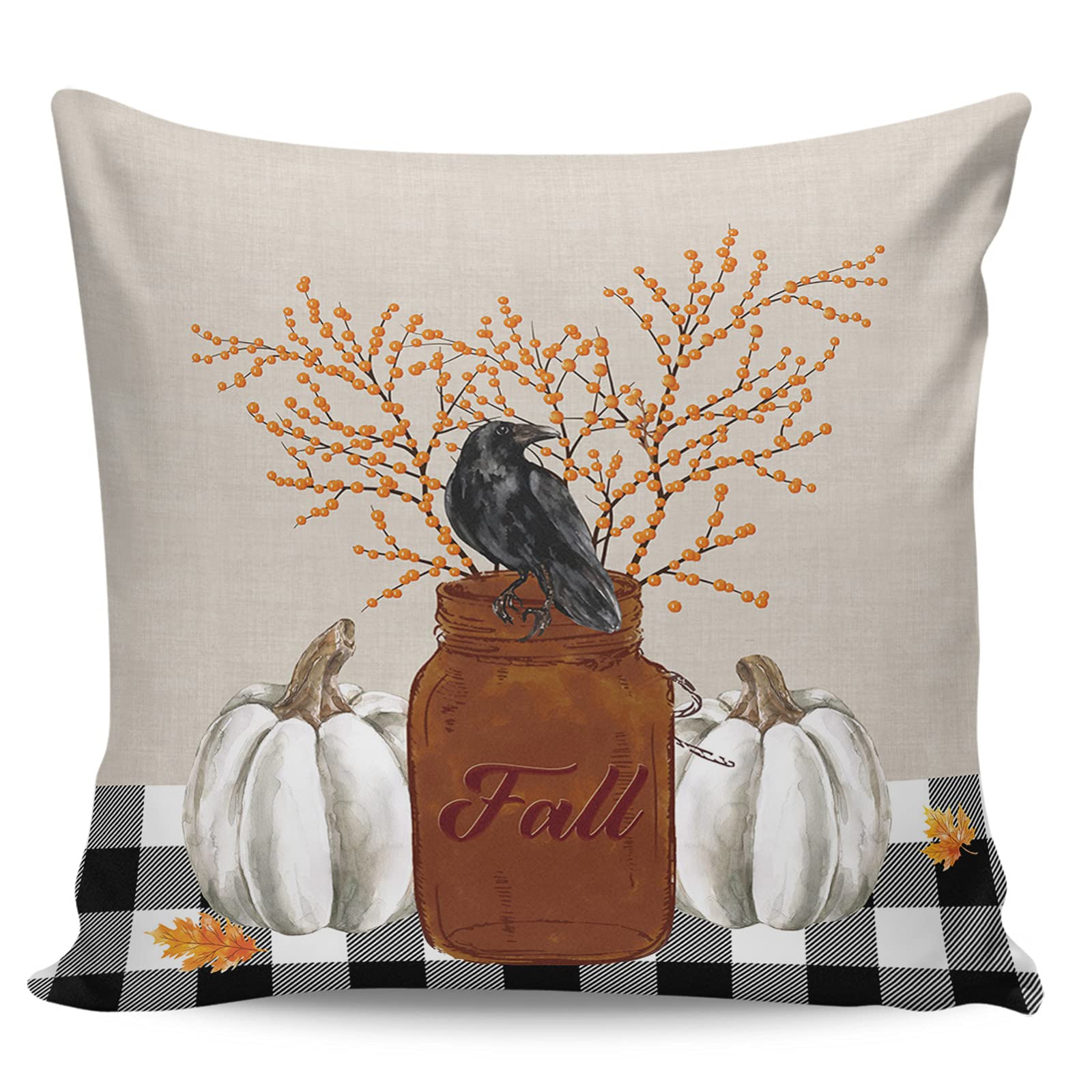 Thanksgiving Throw Pillow Covers 20x20 Inch - Decorative Cushion Covers for Couch, Bed, Sofa & Chair - Pumpkin, Raven, Orange Berries with Lattice Design - Perfect for Fall Home Decor, Thanksgiving Party & Cozy Living Room Accents