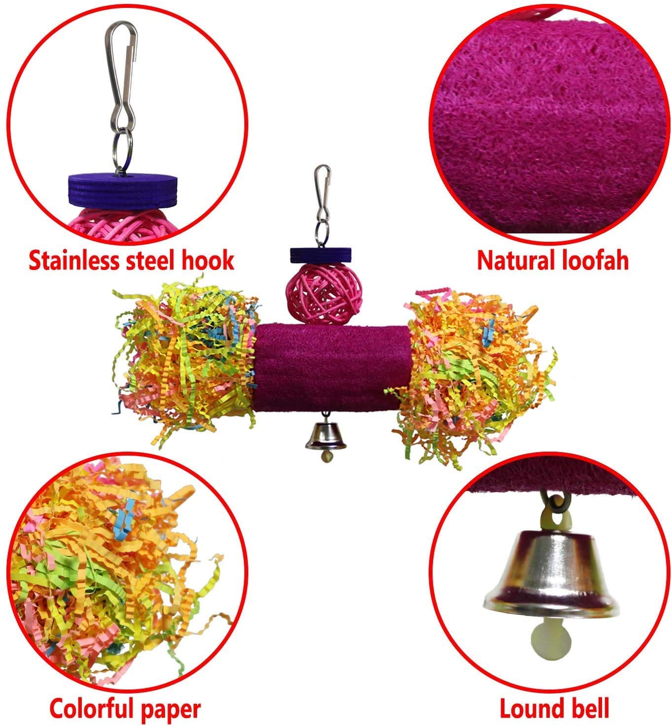 4 Pack Colorful Parrot Chewing & Foraging Toys with Bell - Hanging Shredder Swing Toys for Parakeets, Conures, Cockatiels, Lovebirds & Small Birds | Perfect for Cage Enrichment & Mental Stimulation