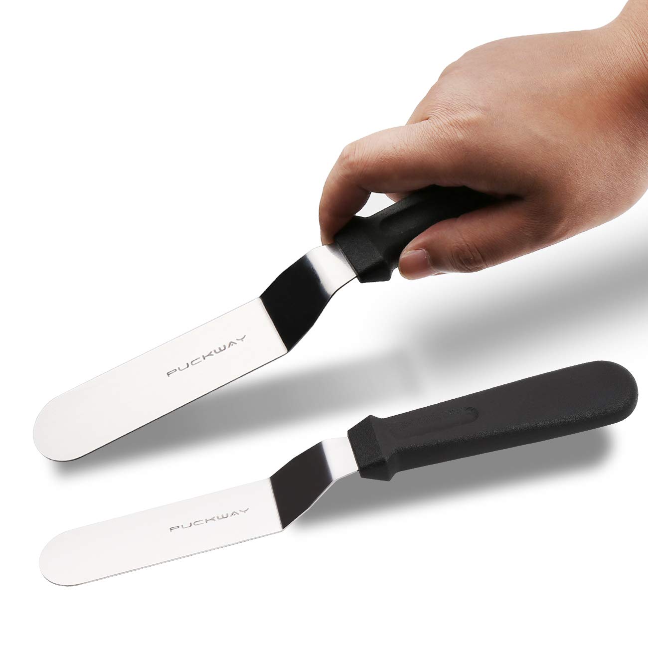 Stainless Steel Angled Icing Spatula Set - 6 & 8 Inch Offset Cake Decorating Tools (2-Piece, Black) for Professional Baking, Cake Frosting & Dessert Decorating