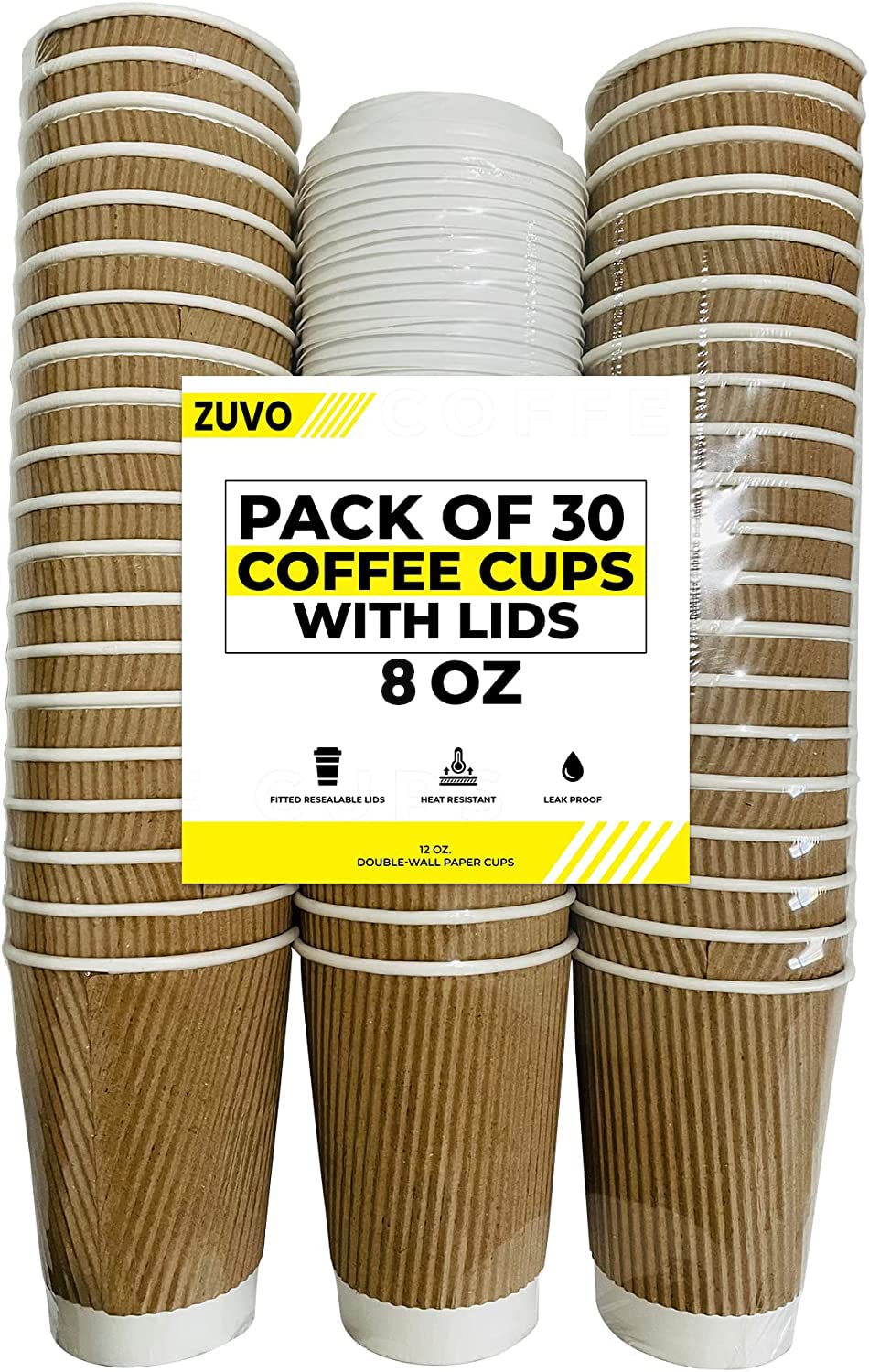 30 Pack Insulated Disposable Paper Coffee Cups 8 oz - Kraft Ripple Wall Hot Drink Cups with Lids - Perfect for Coffee Shops, Office Break Rooms & Home Use