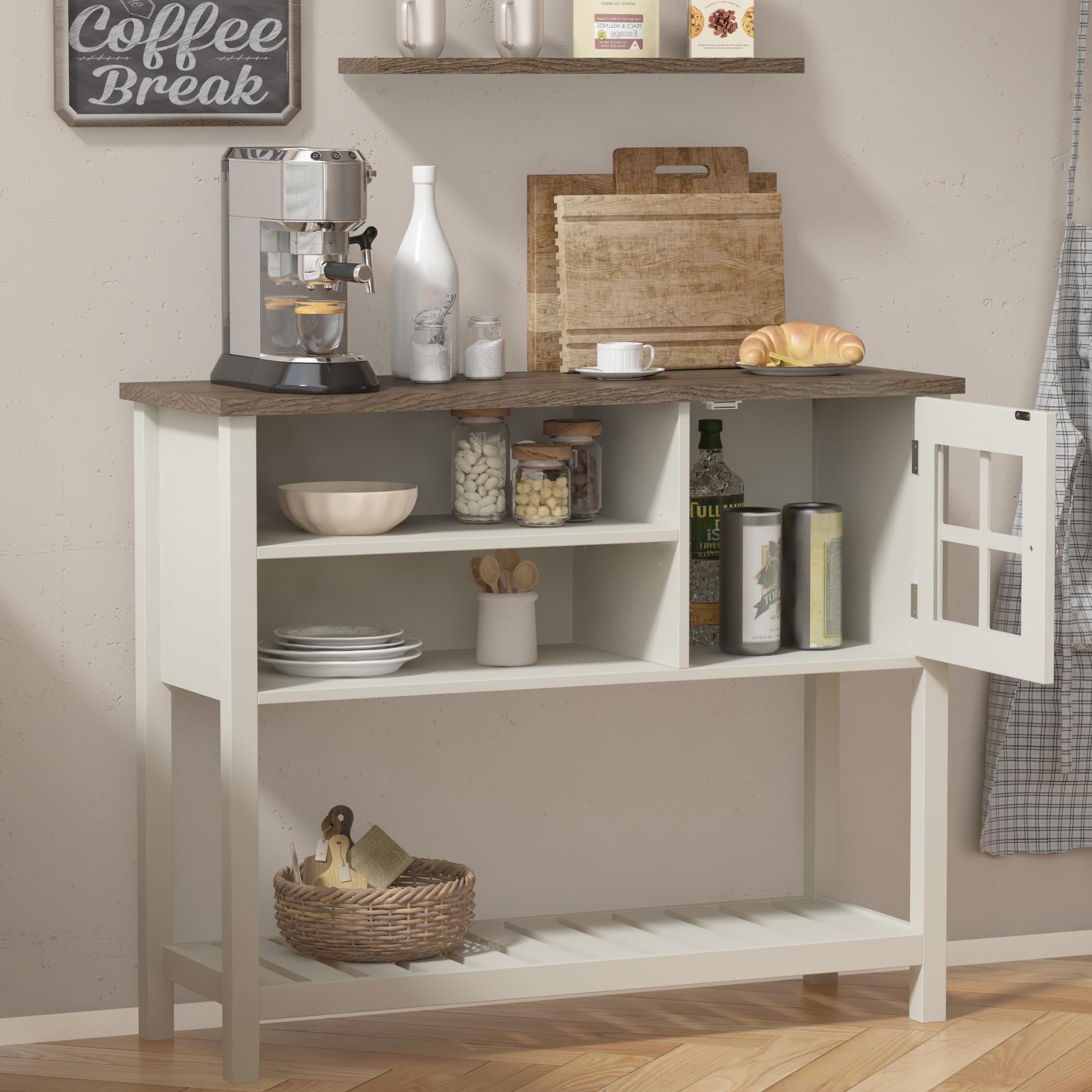 ChooChoo Farmhouse Coffee Bar Cabinet with Storage - White Sideboard Buffet with Glass Doors, Kitchen Console Table for Hallway & Entryway | Perfect for Coffee Station, Dining Room Storage & Farmhouse Decor