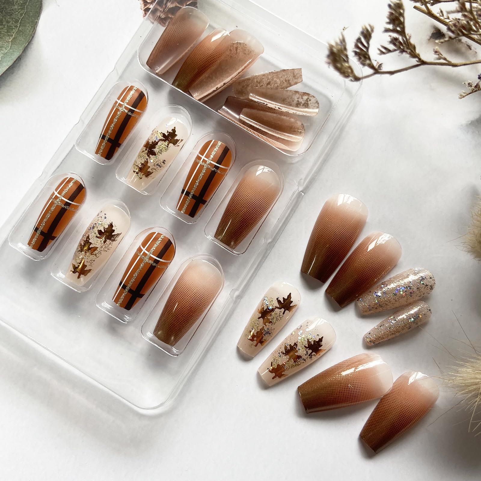 Fall Press On Nails - Medium Length Acrylic Maple Leaf Design with Brown Glitter Gradient for Women | Autumn Nail Art for Parties, Halloween, Thanksgiving & Daily Wear