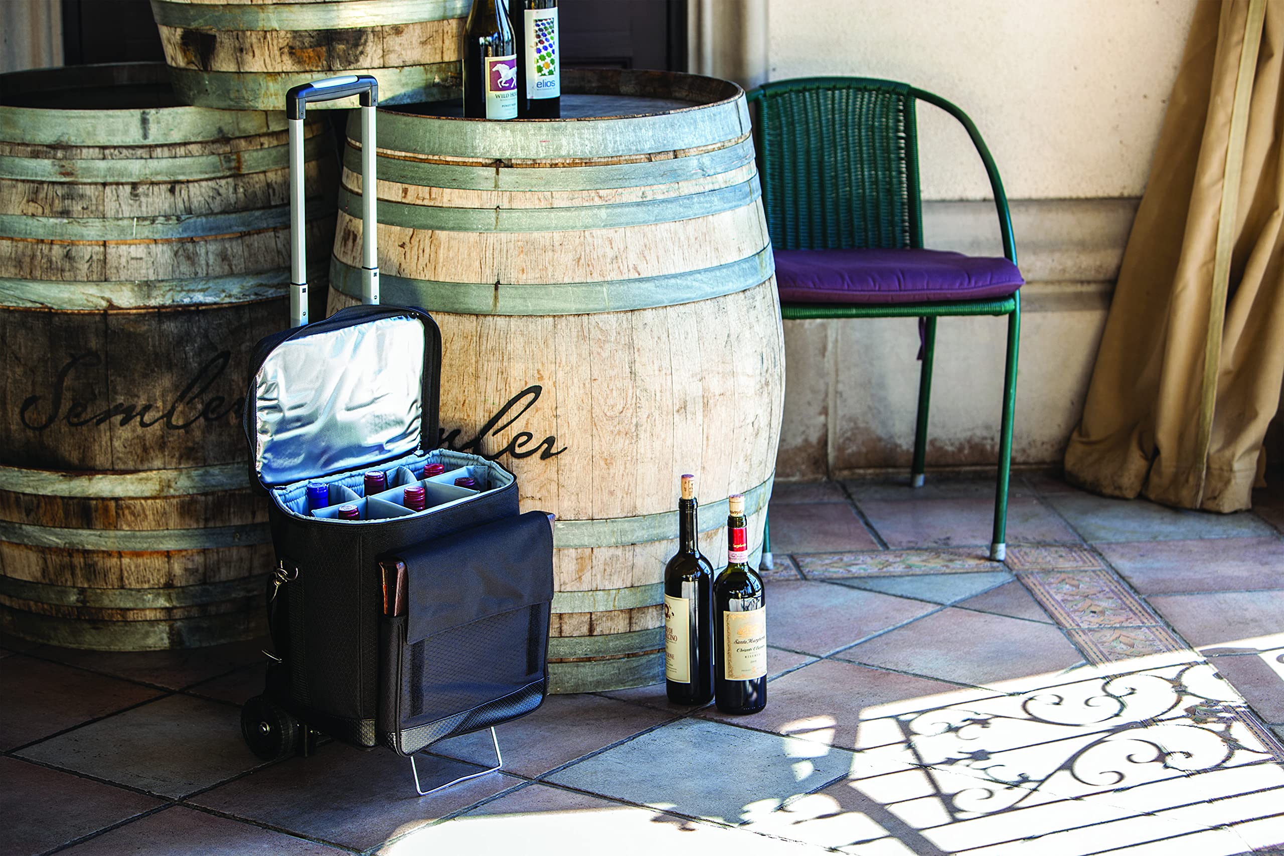 PICNIC TIME Cellar 6-Bottle Insulated Wine Carrier & Cooler Tote - Portable Water-Resistant Travel Cooler Bag for Picnics, Beach, Camping & Outdoor Events (Black with Gray Accents)