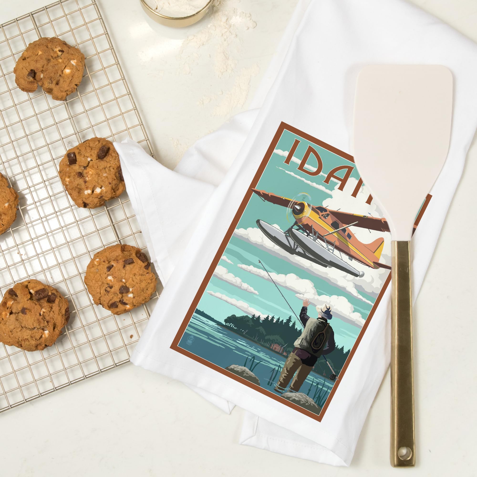 Lantern Press Idaho Float Plane and Fisherman Tea Towel - 100% Cotton Decorative Hand Towel for Kitchen & Home - Perfect for Dish Drying, Gift Giving, and Cabin Decor