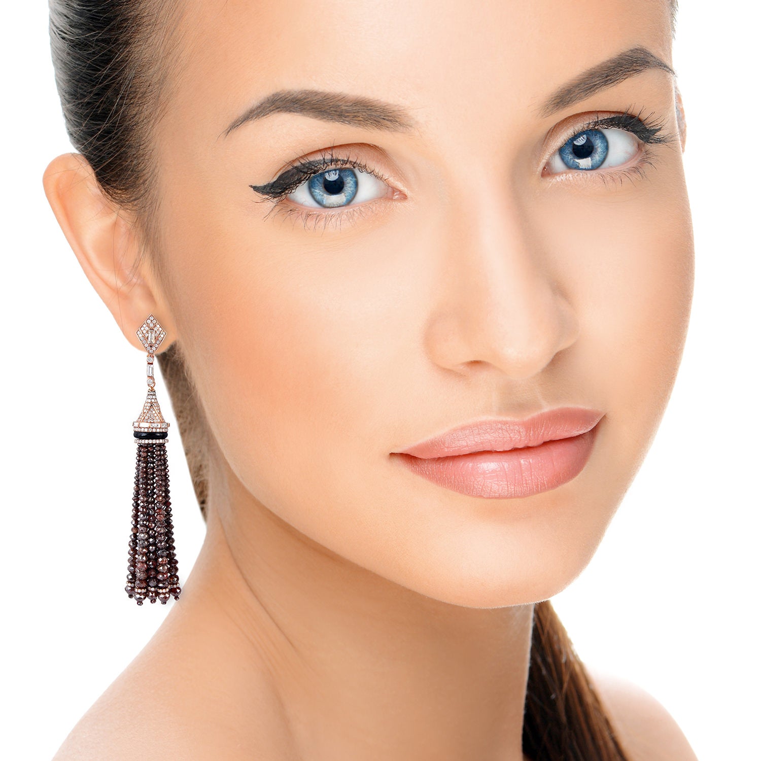 Rose Gold Faceted Beads Ice Diamond Round Onyx Baguette Tassel Earrings - Elegant Dangle Earrings for Women, Perfect for Parties, Weddings & Evening Events