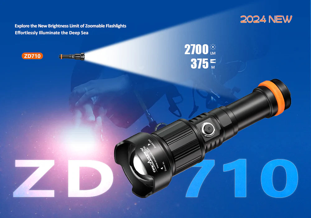 Orcatorch ZD710 2700 Lumens Professional Underwater Dive Light - Waterproof Scuba Flashlight for Night Diving, Spearfishing & Cave Exploration