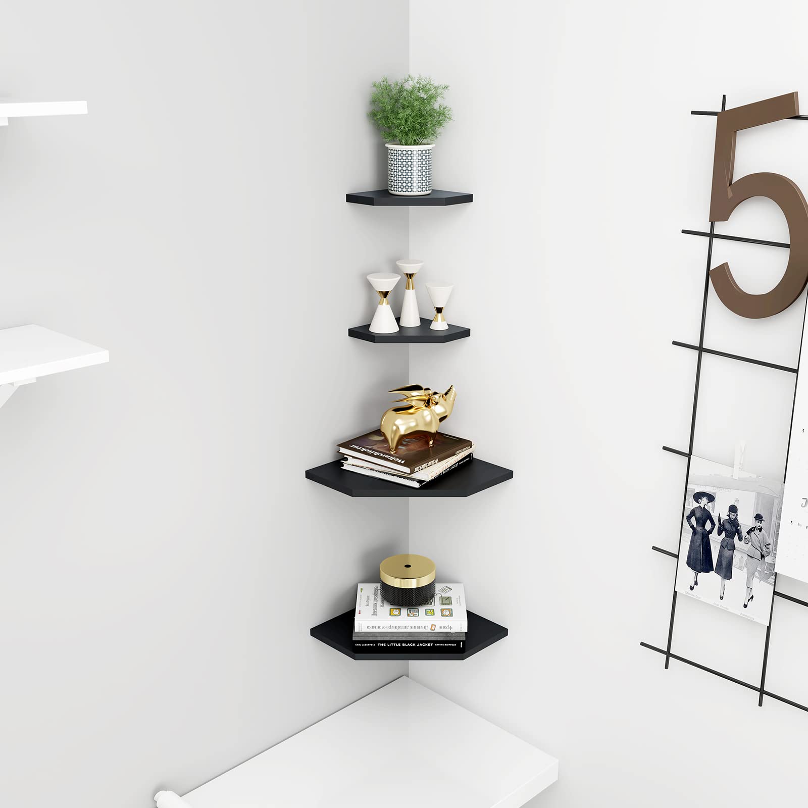 WELLAND 7-Inch Black Floating Corner Shelves Set of 2 - Wall Mounted Storage Shelves with White Finish for Bedroom, Living Room & Bathroom - Perfect for Displaying Small Plants, Photo Frames, Toys & Home Decor