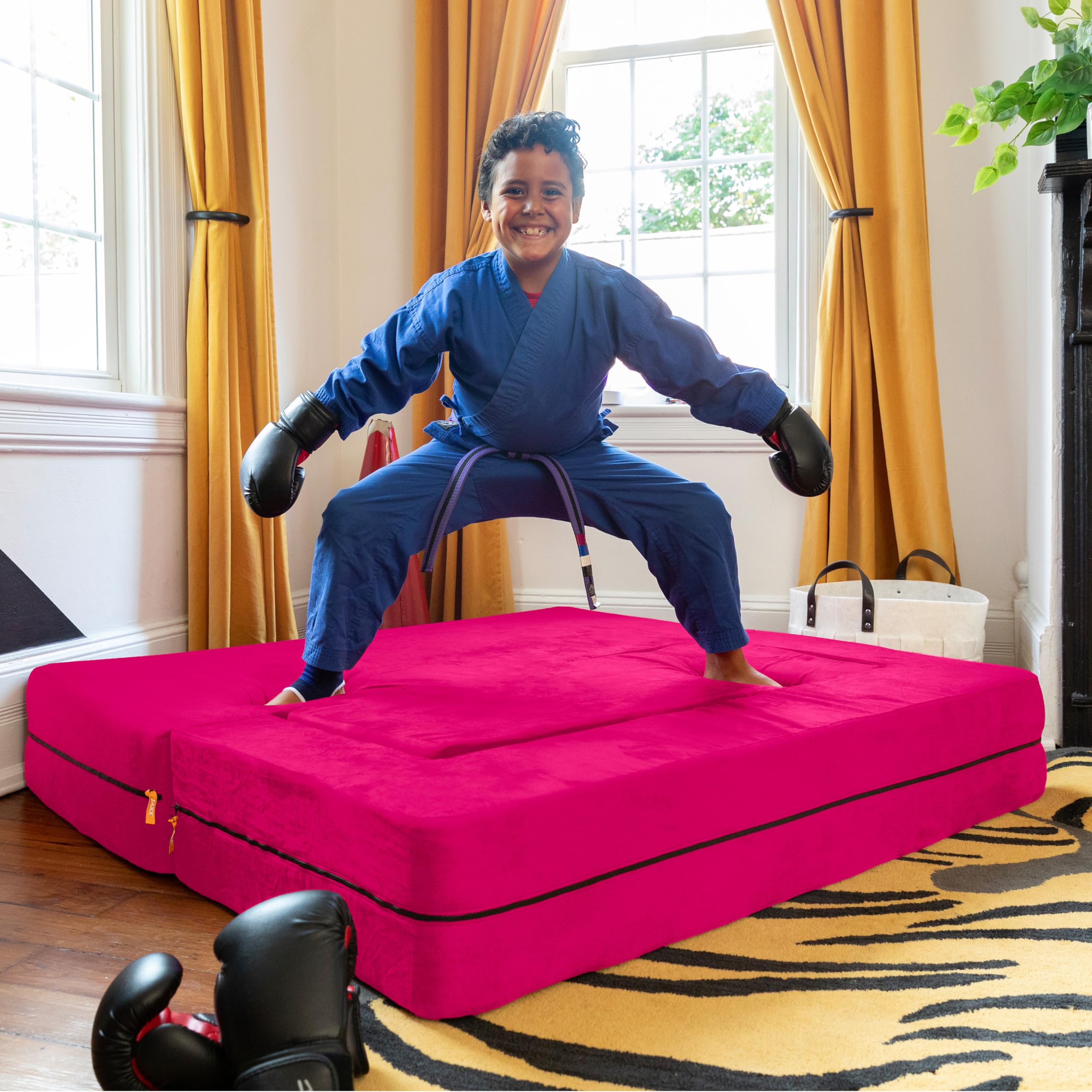 Jaxx Zipline 3-in-1 Fold Out Sofa with Large Ottoman - Big Kids Edition in Fuchsia (Model 17454) | Convertible Sleeper Sofa for Playrooms, Dorm Rooms & Small Spaces