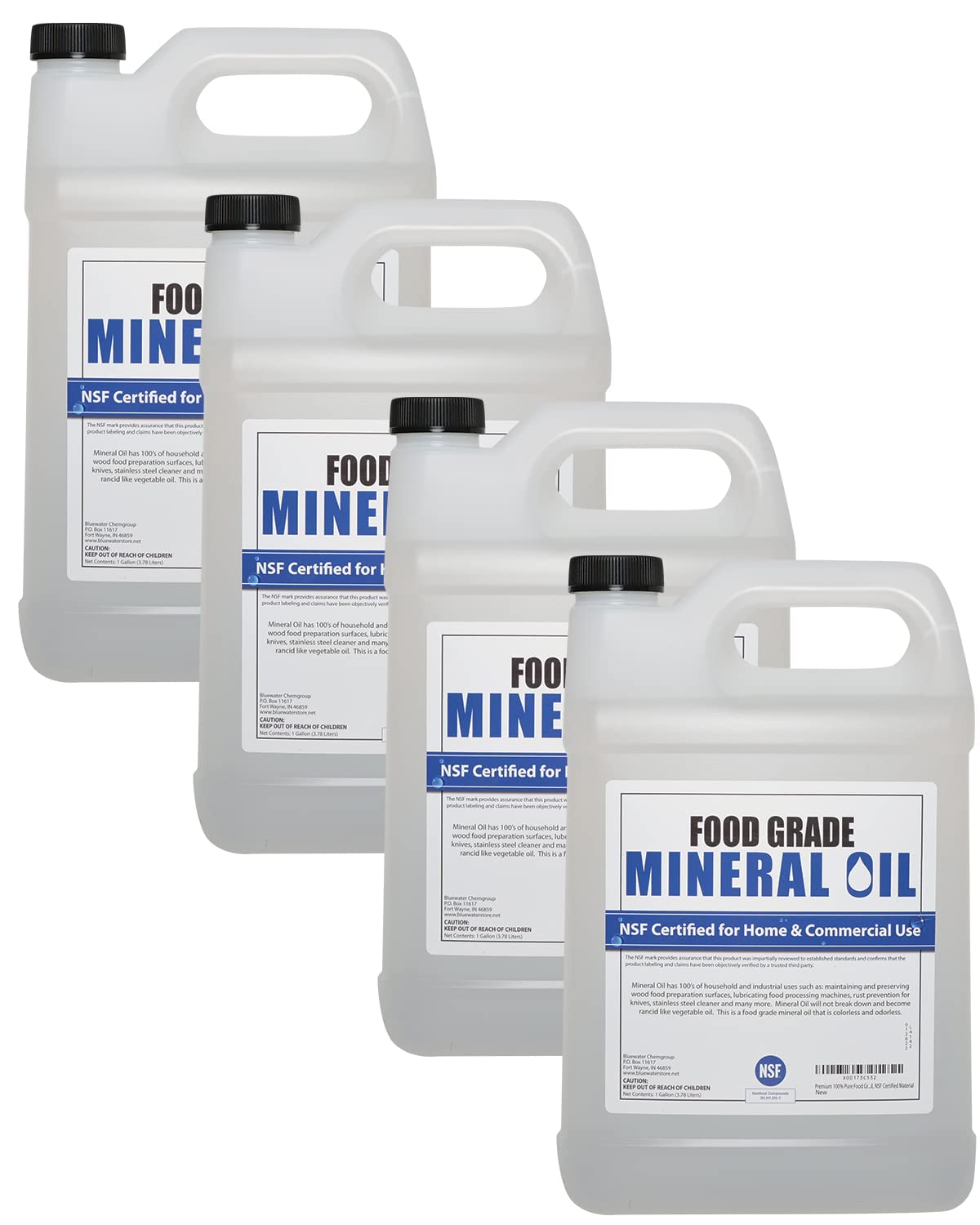 Premium 100% Pure Food Grade Mineral Oil USP - 4 Pack (1 Gallon Each) | NSF Certified, Food Safe for Butcher Blocks, Cutting Boards & Wooden Utensils | Ideal for Kitchen Maintenance, Wood Restoration & Food Contact Surfaces