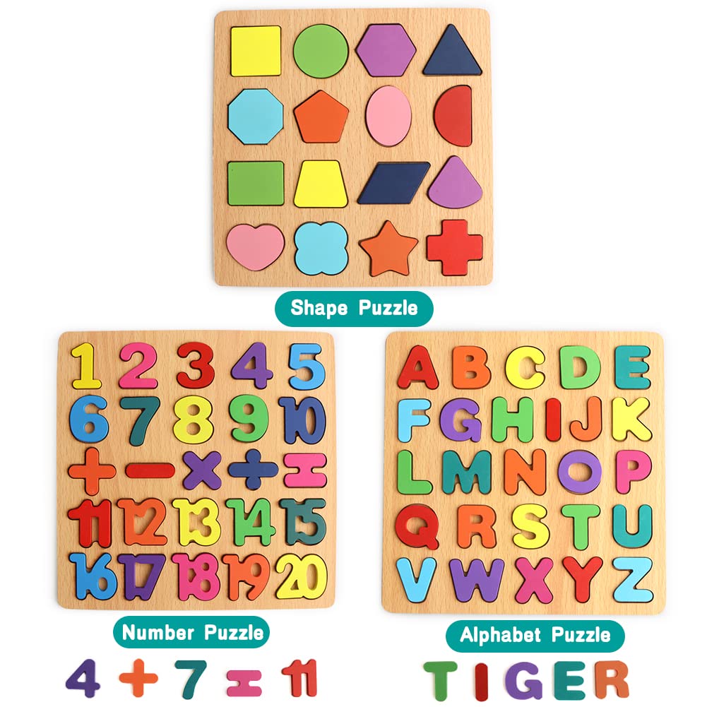Wooden ABC Alphabet Number Shape Puzzles for Toddlers - 3 in 1 Educational Learning Toys for Kids Boys Girls | Montessori Toys for Early Childhood Development & Homeschooling Activities
