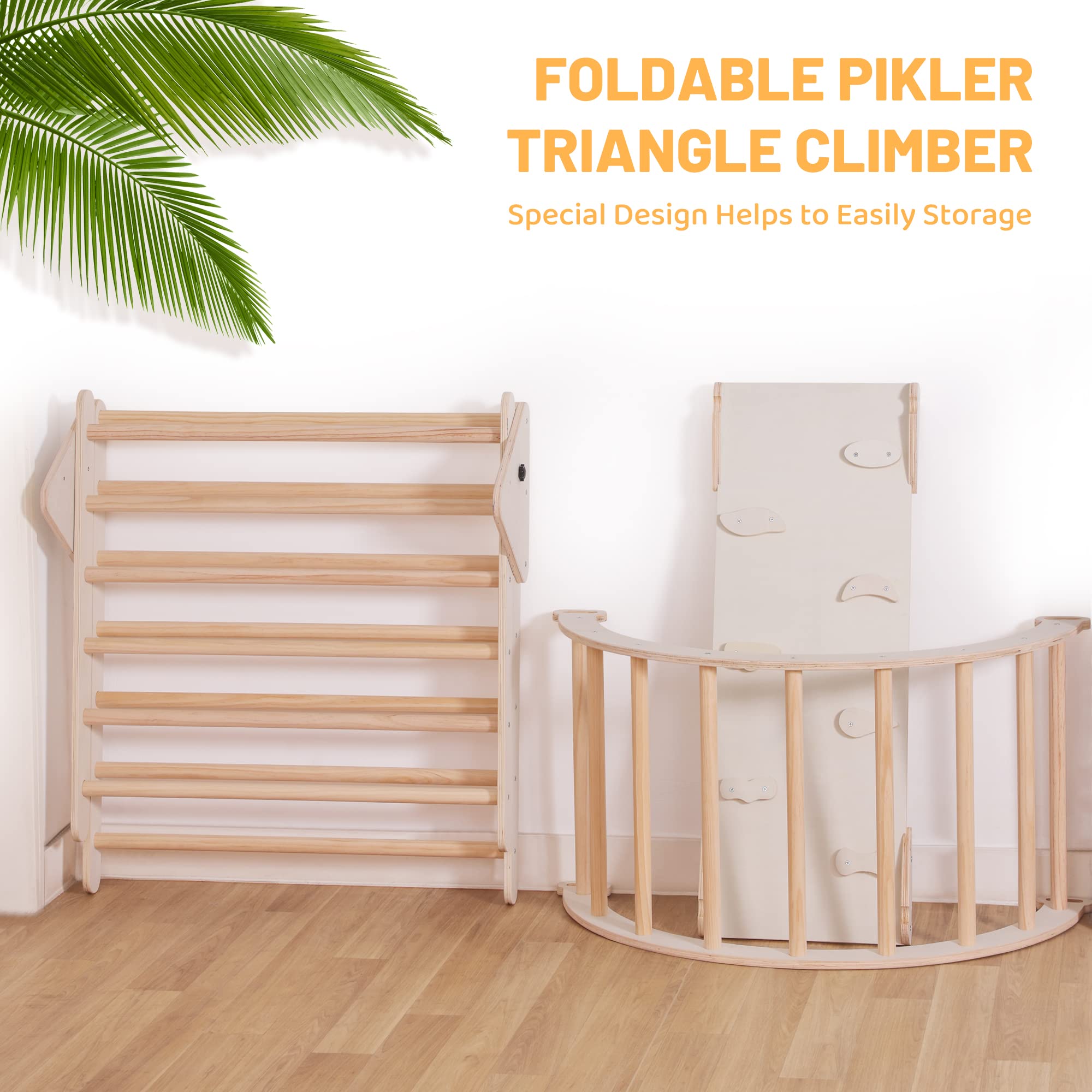Foldable 5-in-1 Pikler Triangle Set with Arch, Ramp & Climbing Triangle - Montessori Wooden Climbing Toy for Toddlers Ages 2-6 - Indoor Play Gym for Kids - Natural Wood - Perfect for Home Playrooms, Daycares & Montessori Classrooms