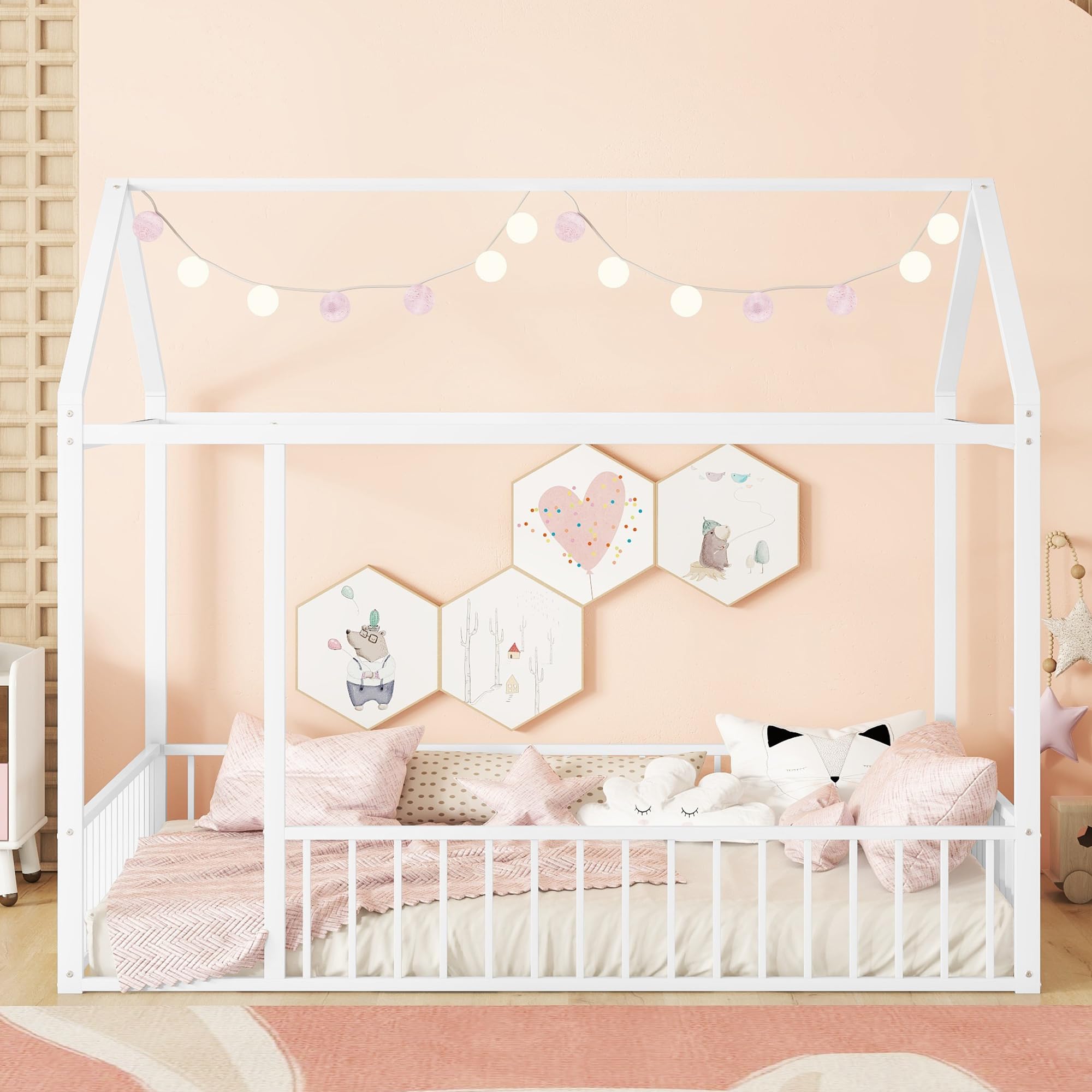Montessori Floor Bed for Kids - Full Size White Metal House Bed Frame with Safety Fence | Playhouse Style Toddler Bed for Daytime Play & Nighttime Sleep | Perfect for Montessori Bedrooms & Playrooms