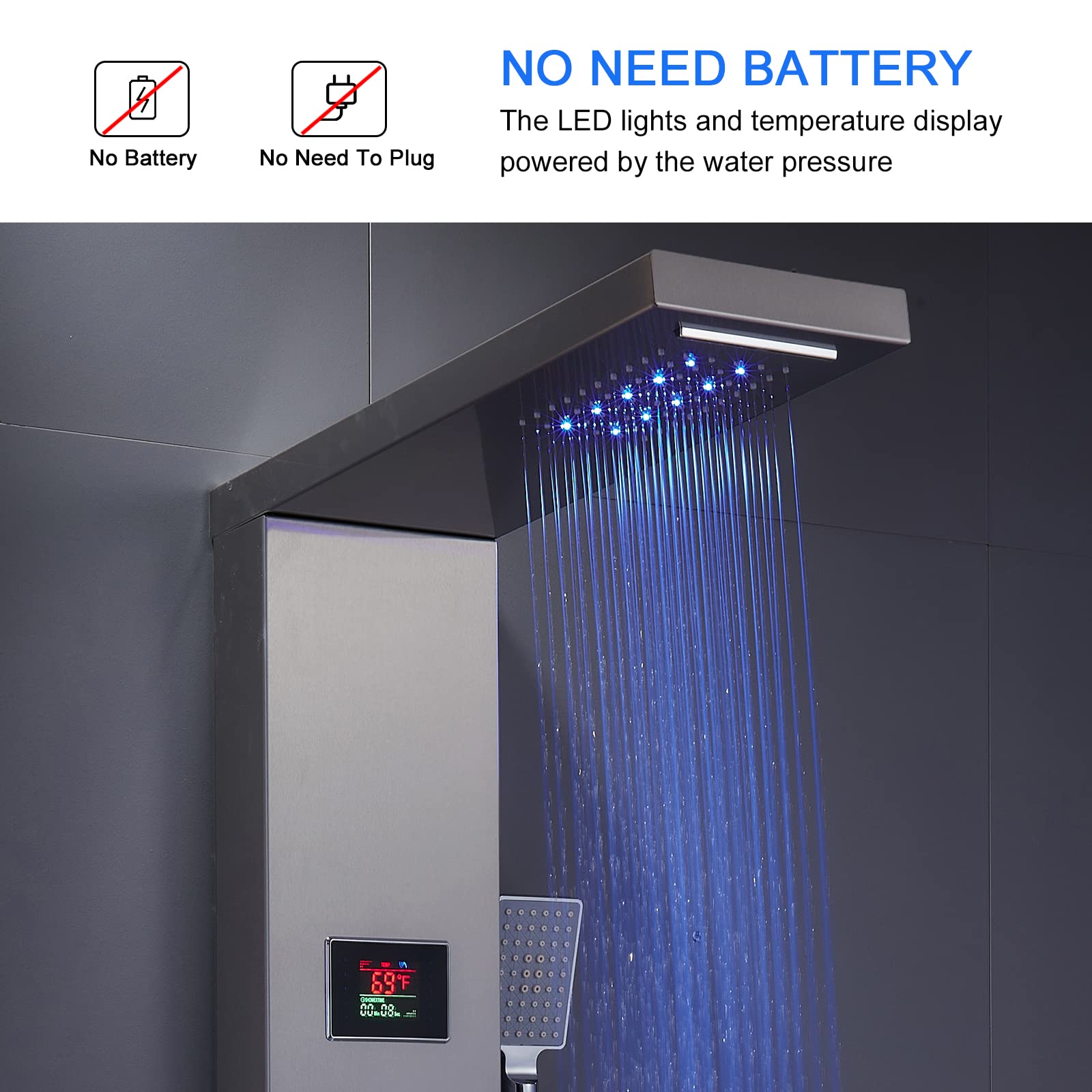 MENATT LED Shower Panel - 5-in-1 Shower Tower System with Rainfall Shower Head, Waterfall Spray, Massage Jets, Tub Spout & Handheld Shower - Brushed Nickel Finish for Luxurious Bathroom Upgrade - Perfect for Modern Homes, Spa-Like Experience & Water Therapy