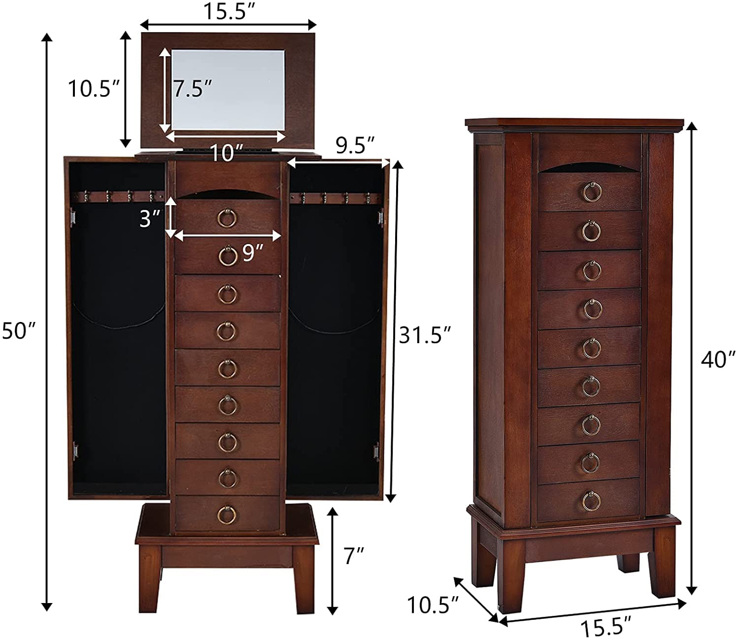 FANTASK Standing Jewelry Armoire Cabinet - Wooden Jewelry Storage Chest with Flip Top Mirror, 9 Drawers & 2 Side Doors - Large Bedroom Storage Organizer for Necklaces, Rings & Accessories - Perfect for Walk-in Closets, Dressing Rooms & Master Bedrooms (Walnut)