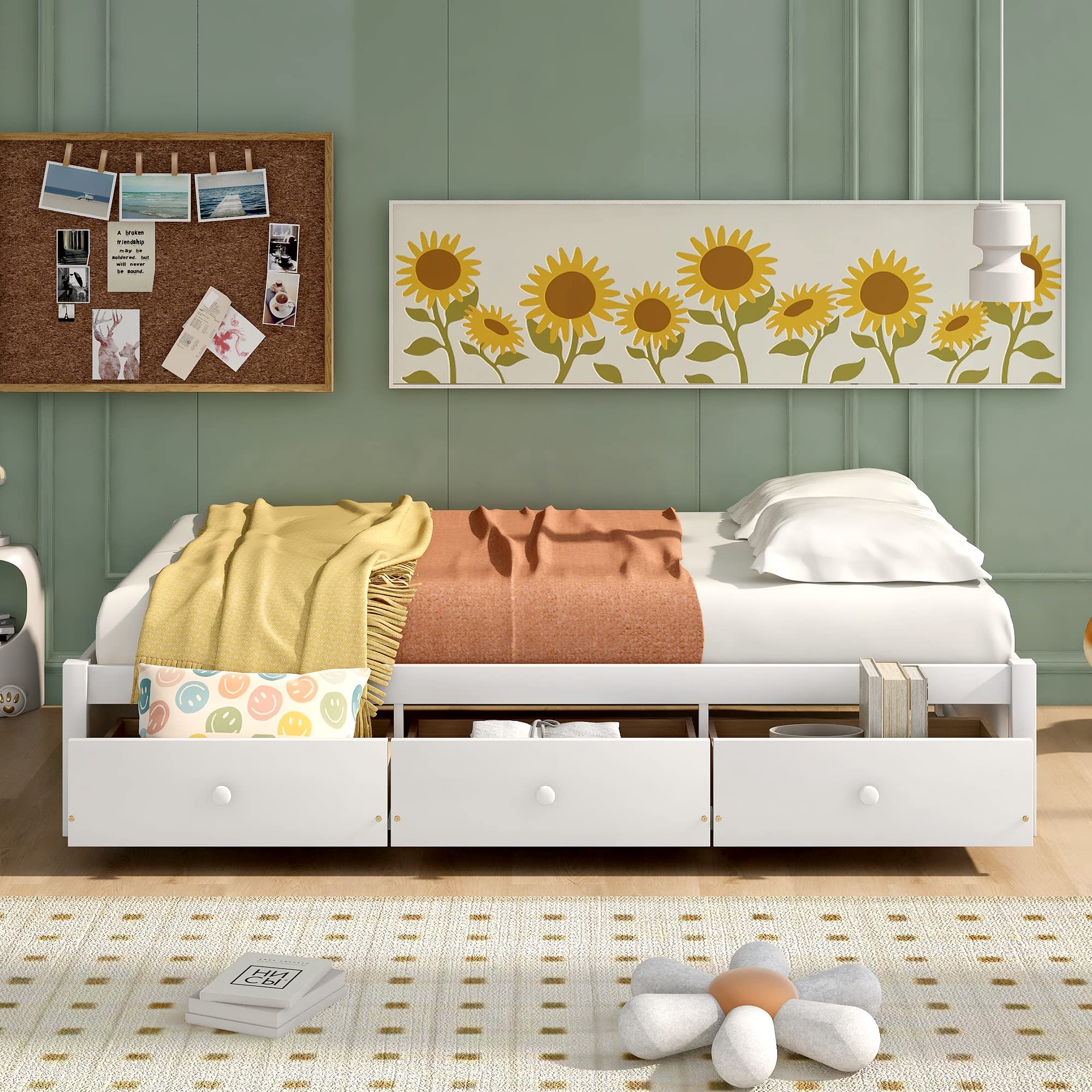 Merax Twin Size Platform Storage Bed with 3 Drawers, White - Space-Saving Bed Frame with Underbed Storage for Small Bedrooms, Dorms & Apartments