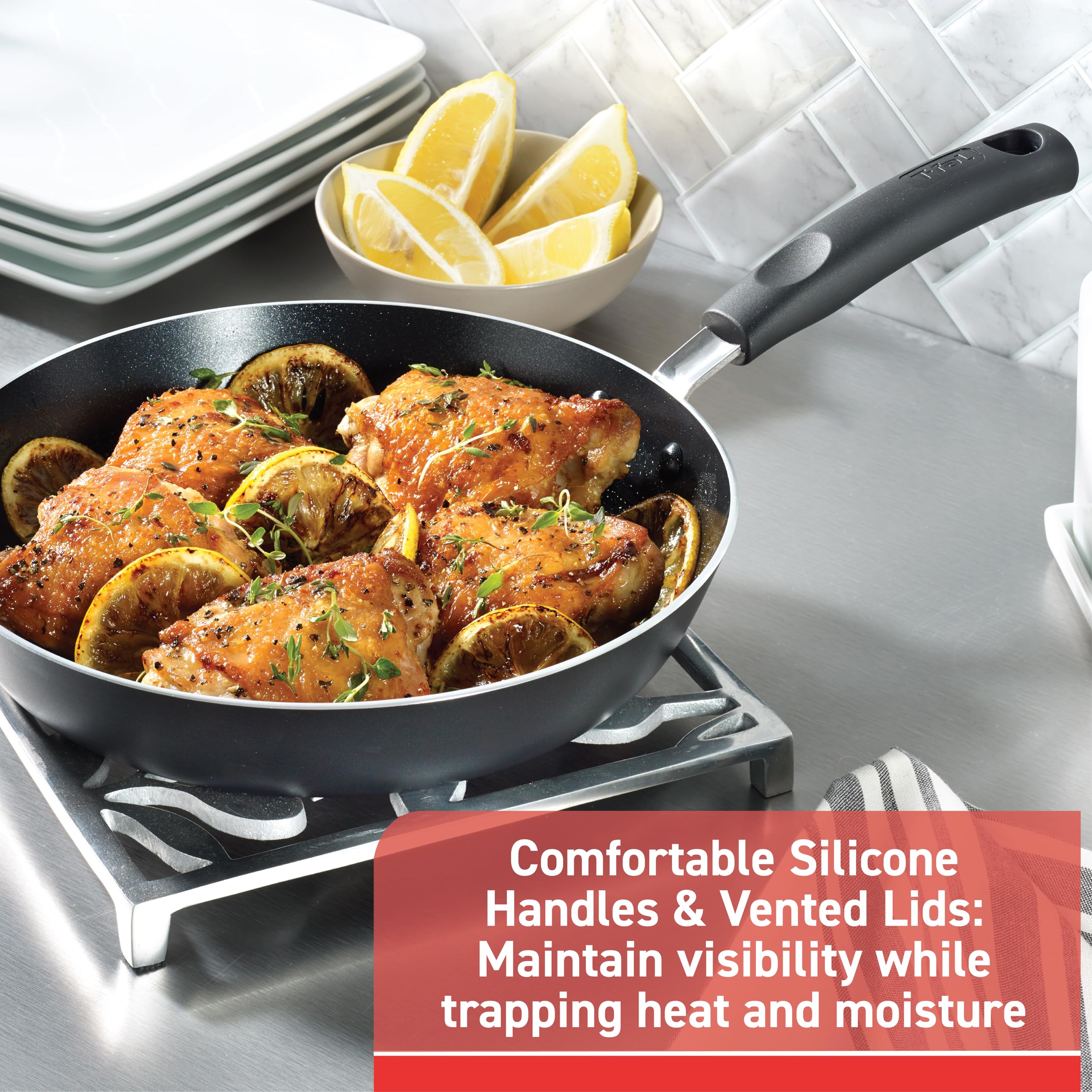 T-fal Signature Non Stick Fry Pan Set - 2 Piece (8 & 10.5 Inch) Oven Safe to 350°F with Heat Indicator | Dishwasher Safe Black Cookware for Sautéing, Frying & Baking | Perfect for Home Kitchen & Professional Use