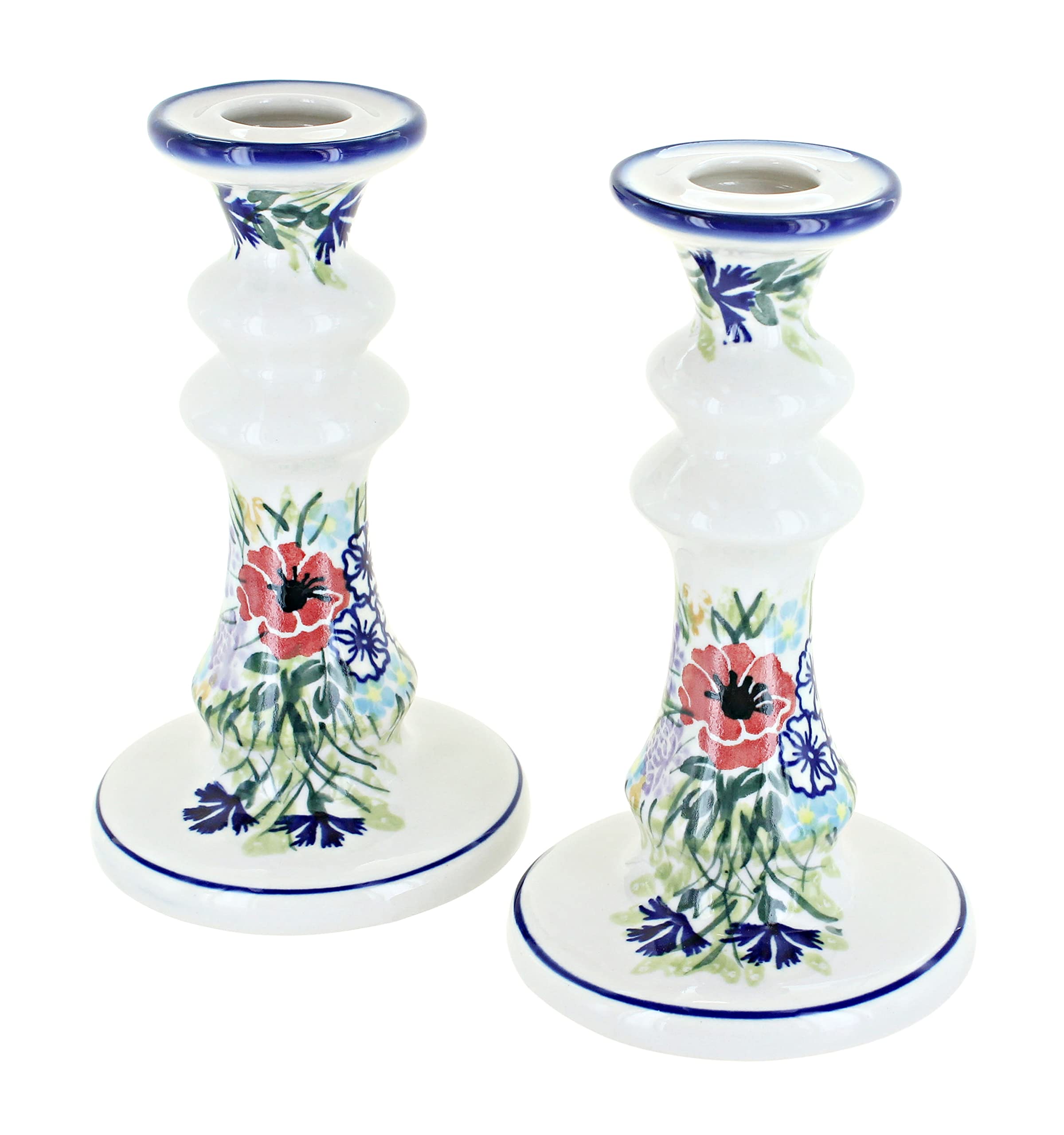 Blue Rose Polish Pottery Summer Garden Tall Candlestick Pair - Elegant Handmade Ceramic Candle Holders for Dining Table, Wedding Decor, and Home Centerpiece