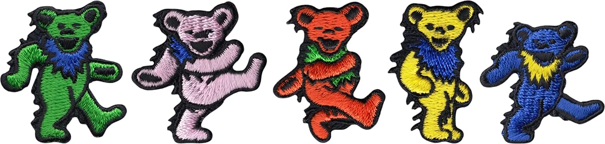 Grateful Dead Jerry Garcia Mini Bear Iron-On Patches Set of 5 - Embroidered Band Merch for Jackets, Vests & Backpacks - Perfect for Deadhead Fans & Festival Goers