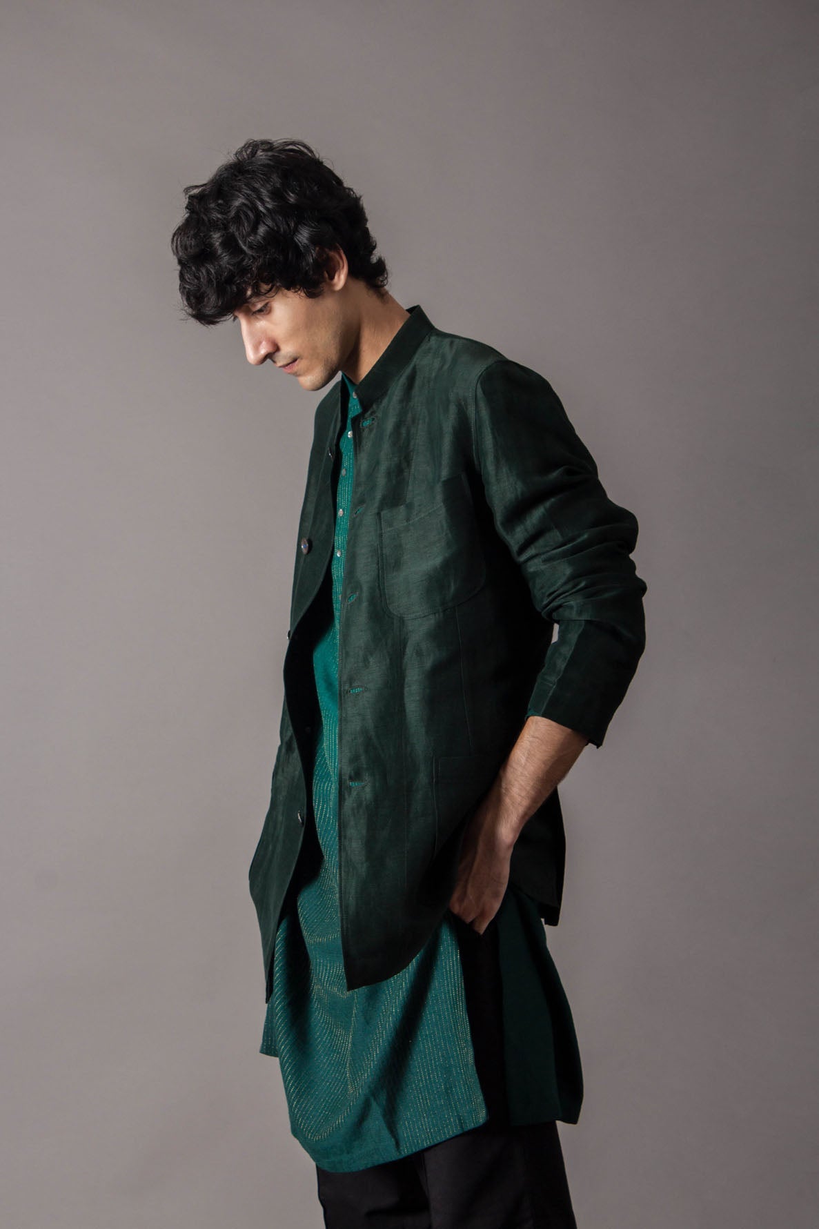 Elegant Bandhgala Jacket in Satin Linen - Deep Forest Green for Men | Perfect for Weddings, Parties & Formal Events